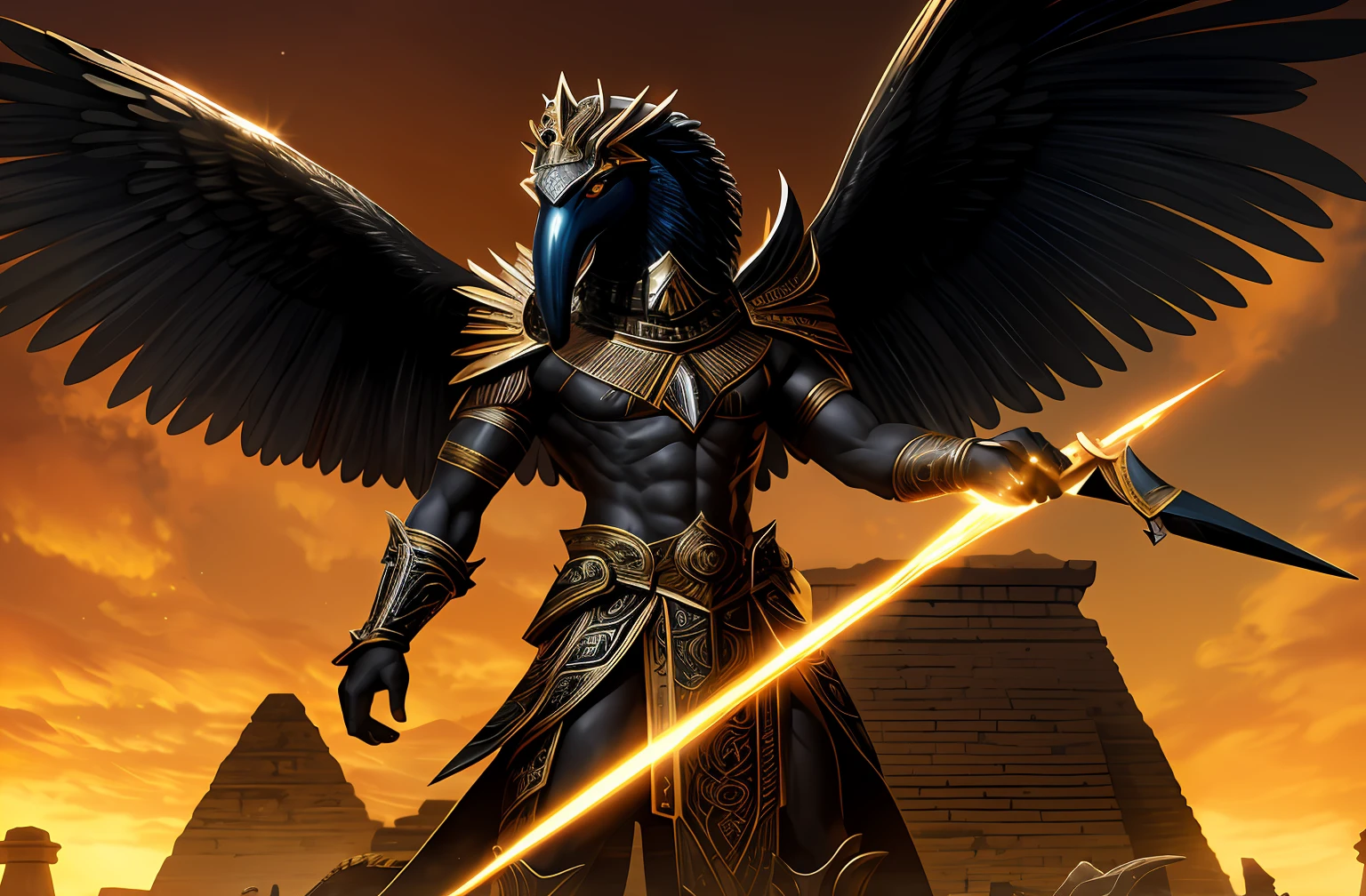 Describe a striking and mysterious image in which the God Seth from Egyptian mythology is depicted with an anteater's head and a pointed snout. The scene takes place in an ancient, gloomy temple, whose walls are adorned with hieroglyphics and sacred inscriptions. In the center of the temple, a dark stone altar exudes a sinister glow. On top of the altar, Seth stands majestically with his black-plumaged bird's head and menacingly piercing eyes. Its sharp, pointed beak glows with a metallic hue, reflecting the dim light that penetrates through the cracks in the walls. Seth's human body is covered in a detailed golden armor, conveying his divine and warrior nature. Its outstretched wings create a sense of grandeur, while its sharp claws touch the stone floor with authority. The aura around Seth is charged with a dark and enigmatic energy, creating an atmosphere of mystery and supernatural power.