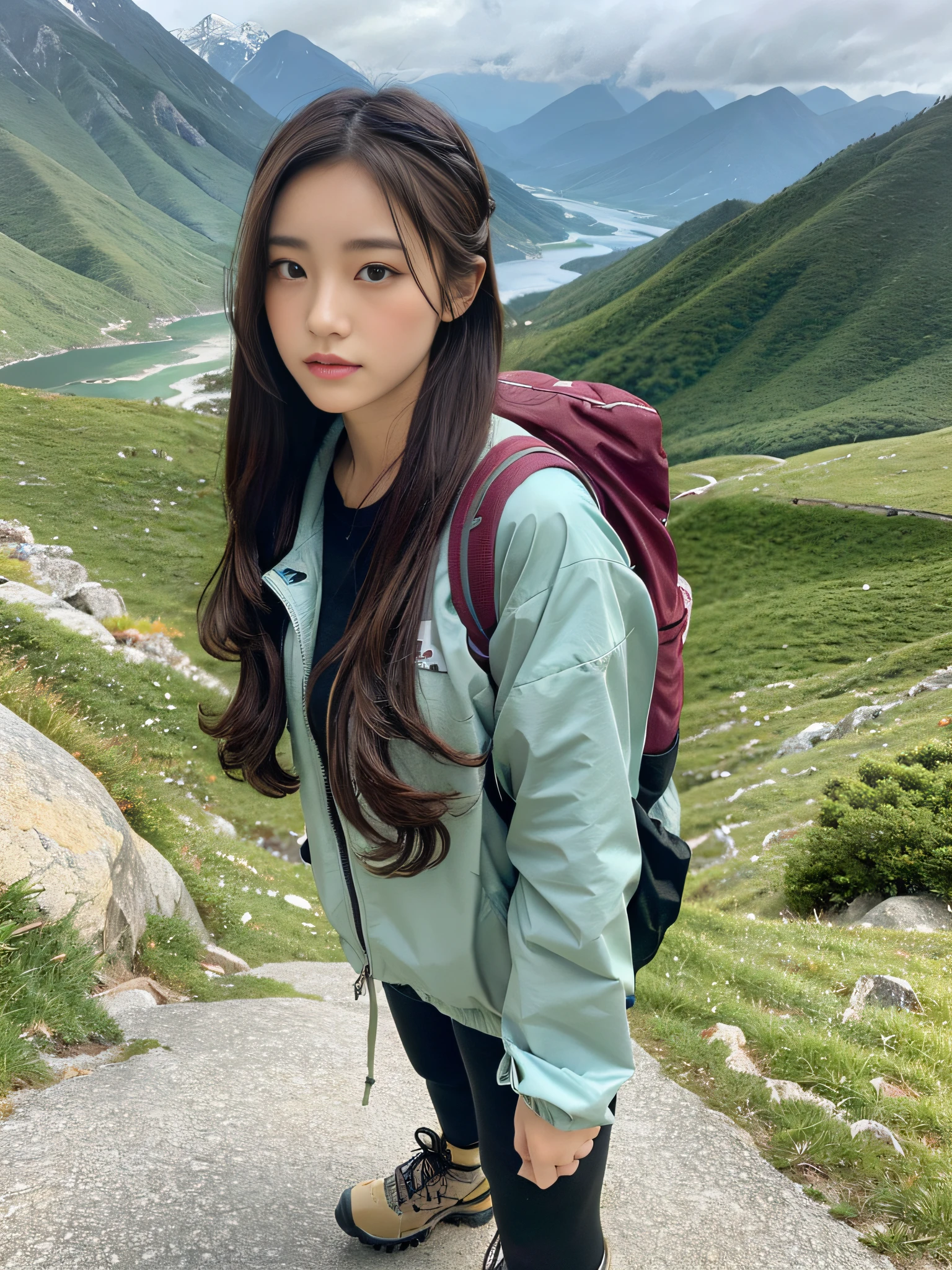 (masterpiece, best quality, 8K wallpaper), 1girl, solo, detailed eyes, ultra detailed face, cute face, Japan person, full body, long hair, black eyes, hair band, hiking, adventurer, backpack, in the mountains, attractive eyes, detailed lips, detailed lips, detailed hands, detailed feet, detailed nose, thin lips, pleased, trekking, hiking, trekking boots, outdoors, Wearing a windbreaker