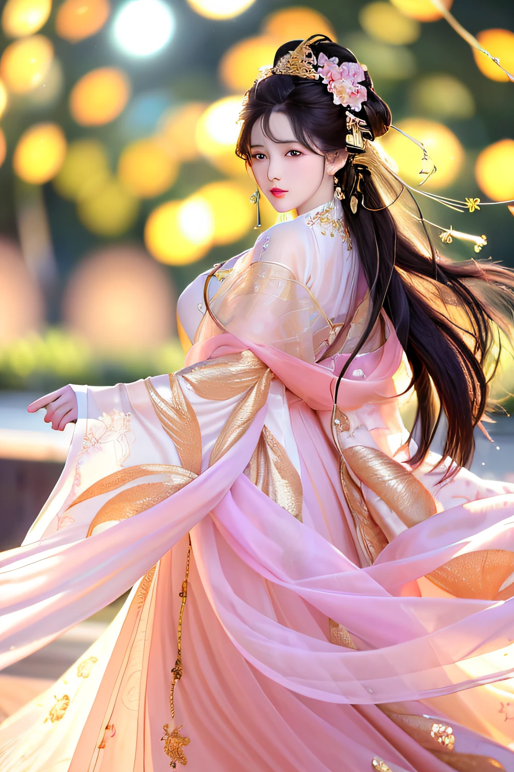 (Masterpiece: 1.0), (Best Quality: 1.4), (Super High Resolution: 1.2), (Fine Illustration: 1.4), (8k, RAW Photo: 1.2), (Soft Focus: 1.4), Adult Women, (30: 1.3), (Sharp Focus: 1.4), (Japanese: 1.0), (China:0.5), ((Liu Yifei)), Black hair, High quality, Masterpiece, Delicate facial features, delicate hair, delicate eyes, delicate hair coloring, 4K picture quality, brilliant light and shadow, (masterpiece), (best quality), (1girl), round eyes long hair, outward shooting, bright colors, symmetrical face, perfect skin, volumetric light, stunning environment, rich details, hyperrealism, impersonation, thick lips, beautiful lips, intricate hair accessories, cinema lights, bright light, bright colors, bokeh background, (floral background), earrings, Big breasts, hands behind your back,
