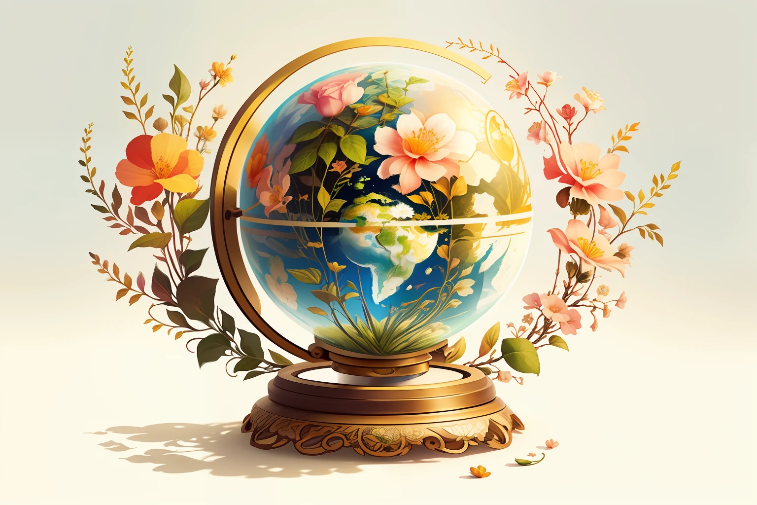 (Illustration: 1.3) Beautiful globe with flowers and plants sprouting in spring (artist Anna Dittman: 1), (((masterpiece))), (((best quality))), ((ultra-detailed)),(details light),(((extremely delicate and beautiful)),