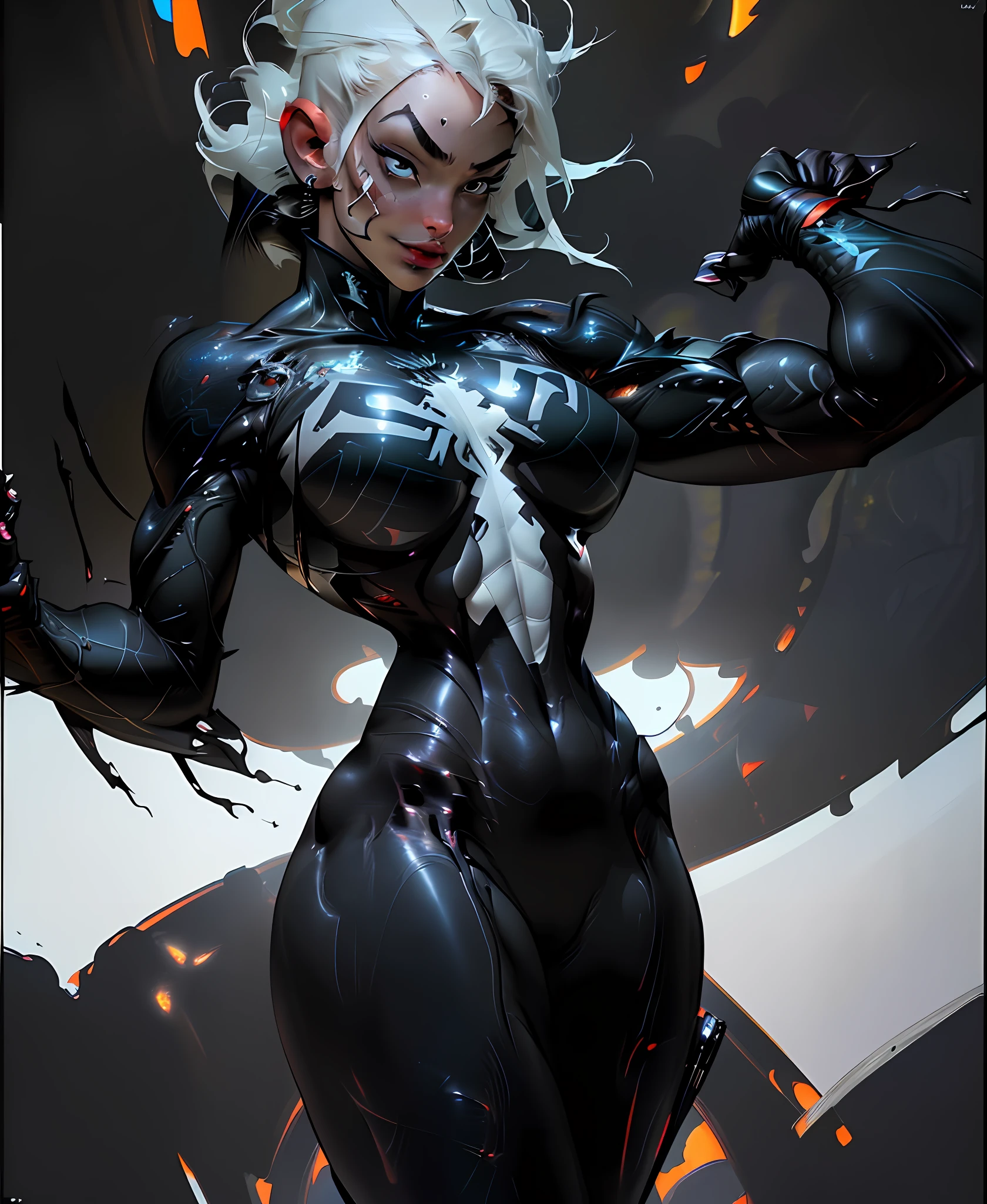 Black, ((Best quality)), ((masterpiece)), (detailed: 1.4)woman full body fitness defined, half thick naked thighs, muscular body parts covered by symbiont black sticky clothing, marvel venom ((large breasts)) , (((clothing and white)), pastel, white mohawk hair with a bangs covering one eye, short underwear, garter belt, by mucha, niji, close to real, best quality, almost naked, psychopathic, crazy face, action pose, sexy pose, Harley Quinn, starry night background with big nebula in the sky,, imitating outfit, pointed shoulder pads, white eyes without pupils, HDR (High Dynamic Range),Ray Tracing, NVIDIA RTX,Super-Resolution,Unreal 5,Subsurface dispersion, PBR texture, Post-processing, Anisotropic filtering, Depth of field, Maximum clarity and sharpness, Multilayer textures, Albedo and specular maps, Surface shading, Accurate simulation of light-material interaction, Perfect proportions, Octane Render, Two-tone lighting, Wide aperture, Low ISO, White balance, Rule of thirds, 8K RAW, crysisnanosuit