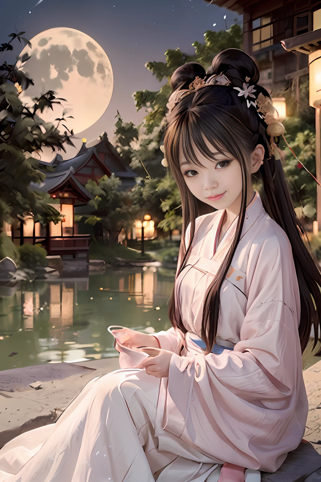 A girl, light Hanfu, long hair, gorgeous headdress, beautiful posture, happy expression, full body portrait, away from the camera, outdoor, night, distant view, sitting on a boat, lanterns, ancient Chinese buildings, many houses, night sky, moon, bright lights, lake, river, flower boat, aerial overlook,