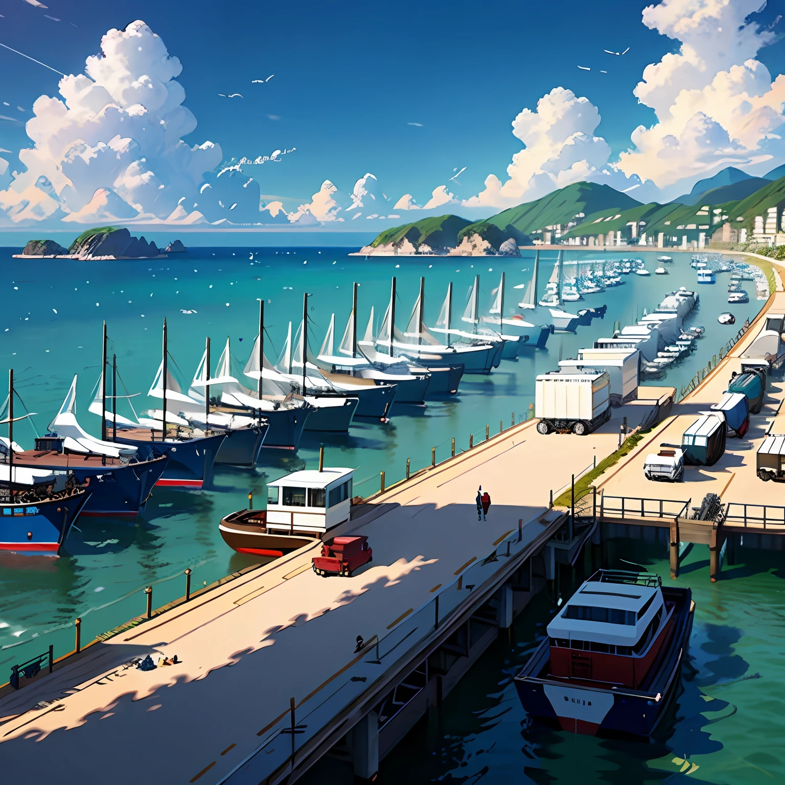 Rows of trucks, neatly parked at the dock, with unloading workers, beautiful scenery, white clouds, waves, sun, sand, boats, perspective, master works, super high detail, masterpieces, the best picture quality