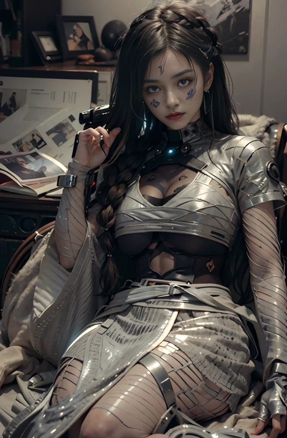 beautiful european face wicth cyberpunk scars