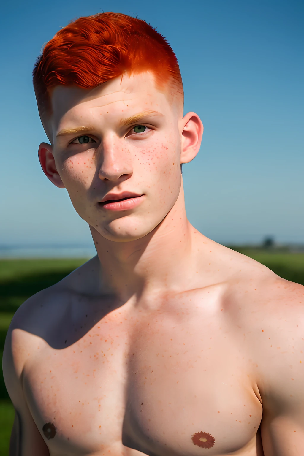 A gorgeous 20-year-old red-haired 20-year-old machine-shaved hair, short hair style European military cut, face skin with freckles, wearing a white cropped Nike blouse and a black sports shorts, muscular and with red hair all over the body, full mustache and no beard, details, natural light, sharp focus, cinematic, crystal clear,  Intricate details Wide vision, realistic lighting, RAW photo, (highly detailed skin: 1.2), 8k uhd, dslr, soft lighting, high quality, film grain, Arri Alexa, realistic and photographic face,