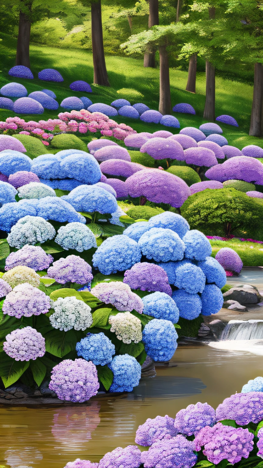 Hydrangeas, park, lake, small hill, pebble path, masterpiece, best quality, anatomically correct, high details, 8K, wallpaper