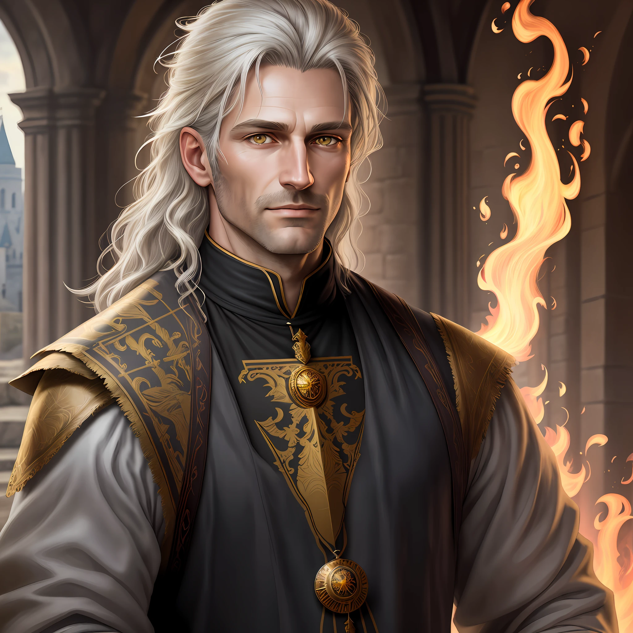 Clarity, detail, realism, fantasy, illustration, portrait, man 40 years old, light ash hair, yellow eyes, light, unshaven, standing near the castle, crown, fire, 8k