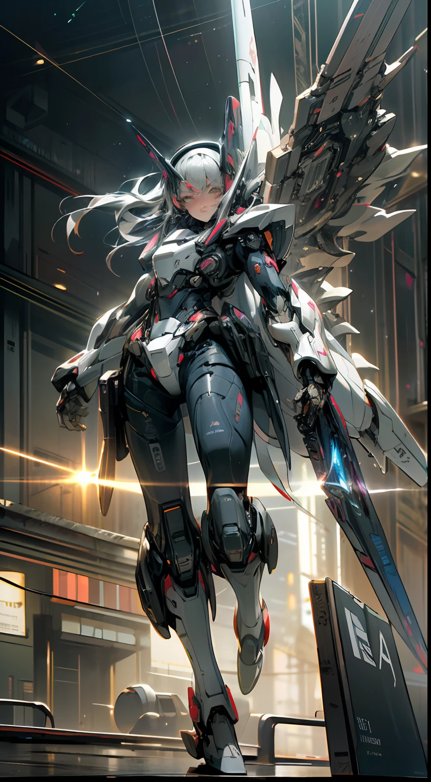 ((Best quality)), ((masterpiece)), (highly detailed:1.3), 3D, beautiful, (cyberpunk:1.2), in space, nebula, holding_weapon, laser, (1Female mecha:1.3), facing the audience, Glowing eyes, full body, (flying, swooping down, dynamic, motion blur: 1.4), (huge mech wings: 1.6), looking up, glowing_eyes, mecha, panorama, background is earth, nebula, space, particles, Reality, HDR (High Dynamic Range), Ray Tracing, NVIDIA RTX, Super Resolution, Unreal 5, Subsurface Scattering, PBR Textures, Post Processing, Anisotropic Filtering, Depth of Field, Maximum Clarity and Clarity, Multilayer Textures, Albedo and Specular maps, Surface shading, accurate simulation of light-material interaction, perfect proportions, Octane Render, two-tone lighting, large aperture, low ISO, white balance, rule of thirds, 8K RAW, efficient sub-pixel, sub-pixel volume product,