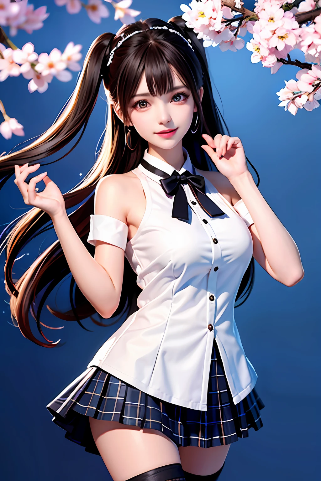 Masterpiece, Superb Style, Full Body, 1Girl, Bangs, Black Choker, Black Tie, Blonde Hair, Blue Skirt, Blush, Bracelet, Beautiful Breasts, Choker, Waist Dress, Collarbone, Collared Shirt, Denim Photos, Dress Shirt, Ear Piercings, Eyebrows Visible Through Hair, Gradient Hair, Grin, Gyaru, Jewelry, Kogal, Long Hair, Looking at the Audience, Loose Tie, Tie, Piercing, Plaid Skirt, Plaid Skirt, Pleated Skirt, Red Eyes, Ring, School Uniform, Shirt, Skirt, Smile, solo, white shirt, street, sky, cherry blossoms, petals, illustration, (magazine: 1.3), (cover style: 1.3), fashion, woman, vibrant, attire, pose, front, colorful, dynamic, background, element, confident, expressive, hold, statement, attachment, majestic, coiled, around, touch, scene, text, cover, bold, eye-catching, title, fashion, font, catchy, title, bigger, eye-catching, modern, stylish, focused, stylish, black stockings