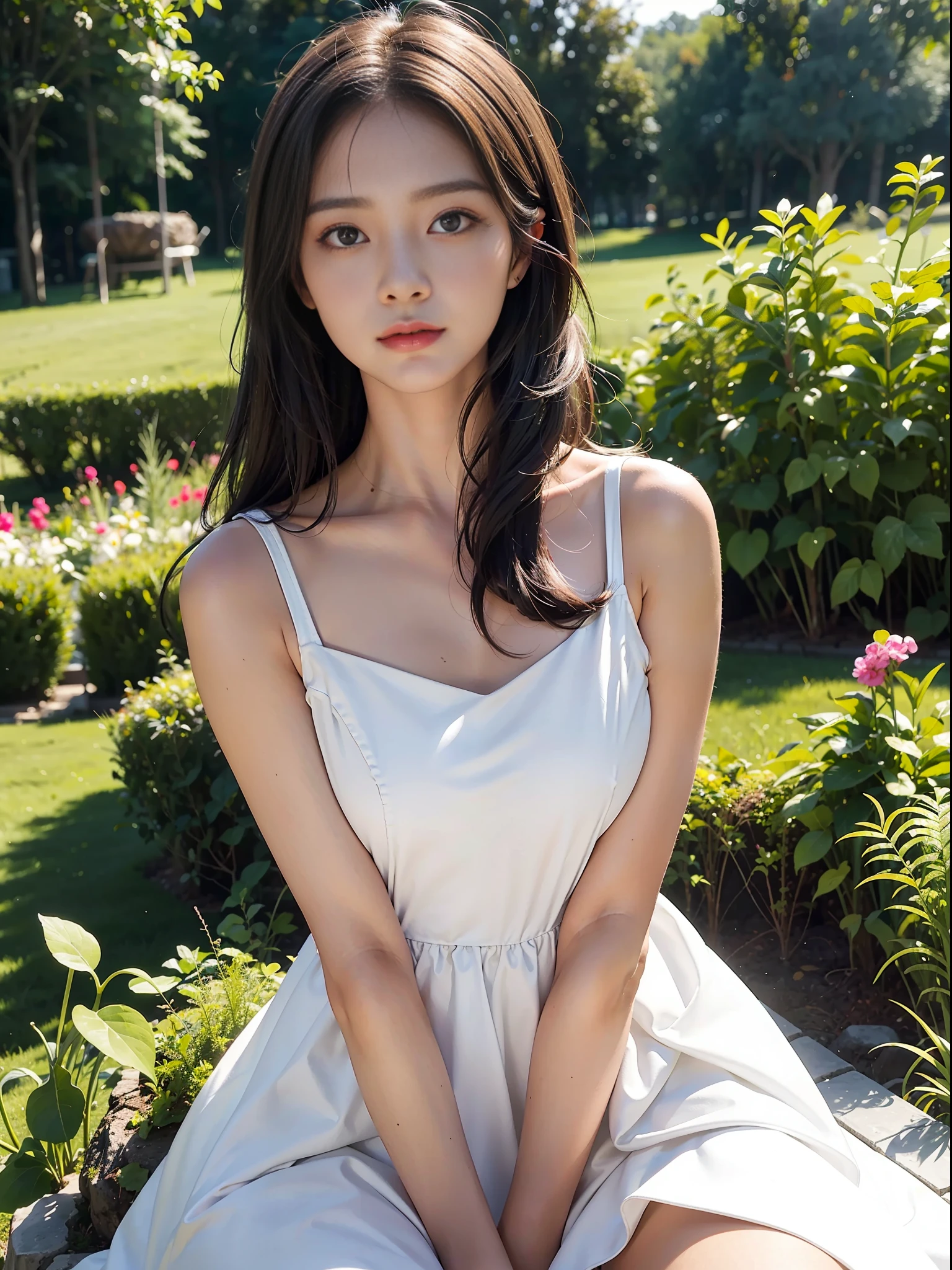 1 girl, heavy shoulders, faint smile, shiny skin
Best quality, masterpiece, (realistic: 1.4), in the garden, white dress
