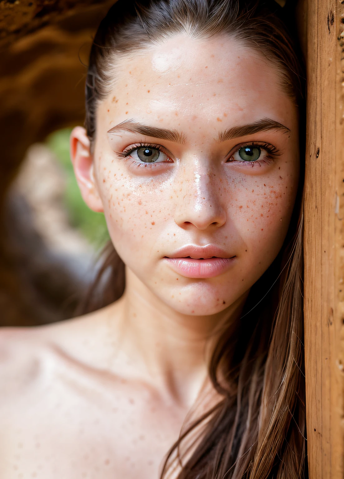 masterpiece, realistic, detailed eyes, freckles, moles, pores, skin details, textures, detailed pupil, cute, looking at viewer, natural lighting, depth of field, film grain, wrinkled skin, 24yo, female, solo, supermodel face, supermodel body, body shot, full figure, hiking in slot canyon