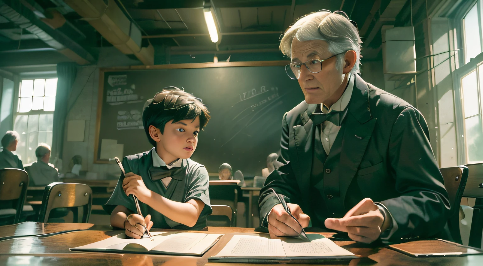 A heated conversation between a boy, Thomas Edison (child, ) and an old teacher (man, 60 years old). They are arguing roughly, in a classroom from the year 1854. Masterpiece, ultra-realistic image, high quality, 8k, high resolution, high detail, cinematic shading, vivid colors, soft luminosity, Greg Rutkowski style.