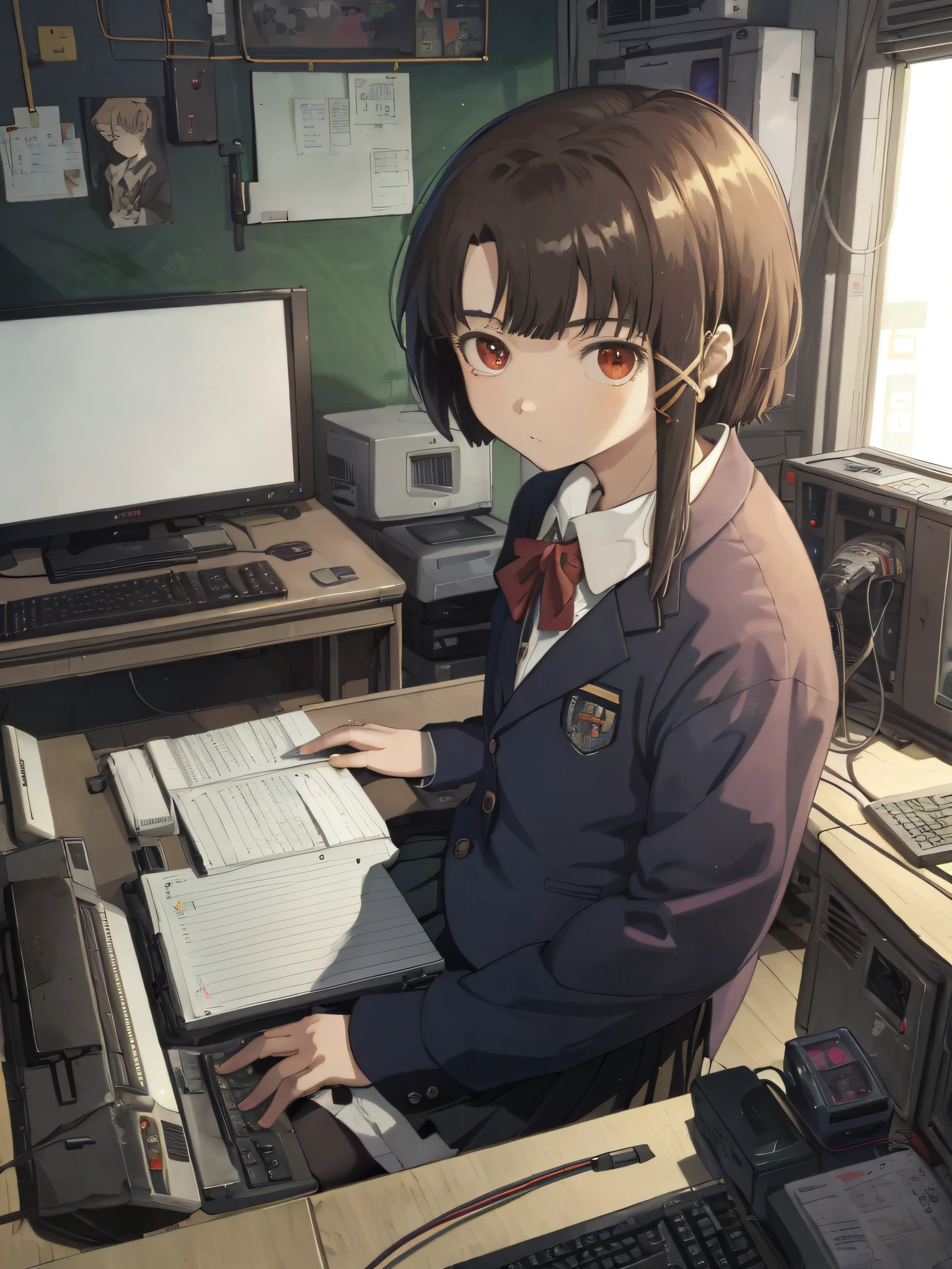 ((masterpiece, best quality;1.3)), ultra detailed, 1girl, solo,Lain Iwakura (Serial Experiments Lain),school uniform, looking at viewer,cute girl, lying, cyber punk, lots of computers, lots of large CRT monitors, hacker's room, lots of power cordS,lots of power keyboards, FROM above, white board,multi monitors,