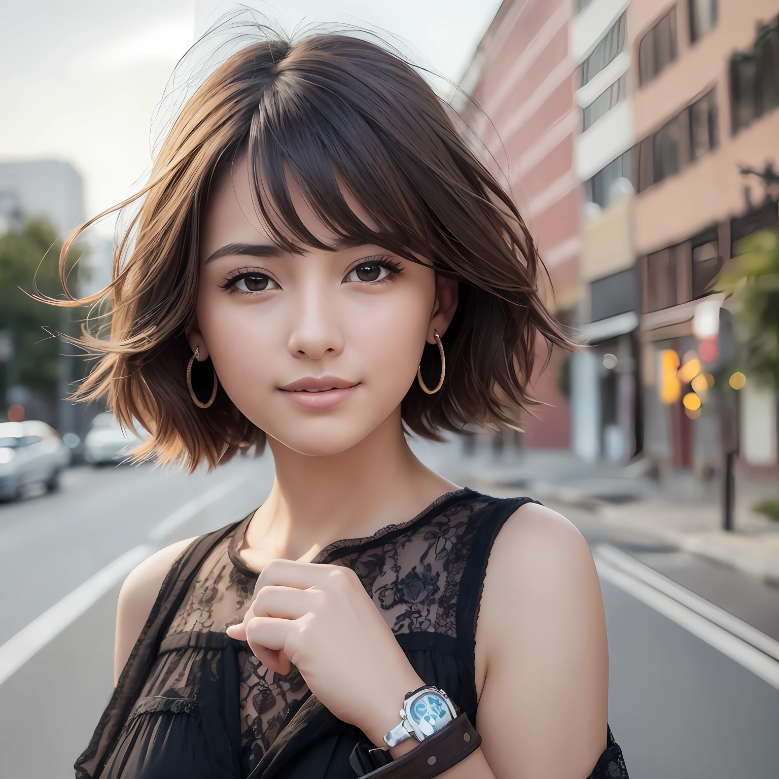 (8k, RAW photo, best quality, masterpiece: 1.2), (realistic, photorealistic: 1.37), super detailed, one girl, cute, in front of the car, alone, beautiful detailed sky, (nose blush), (smile: 1.1), (closed mouth) medium chest, beautiful detailed eyes, jewelry, earrings, dress, looking at viewer, cosplay, brown eyes, (short hair: 1.2), floating hair --auto --s2