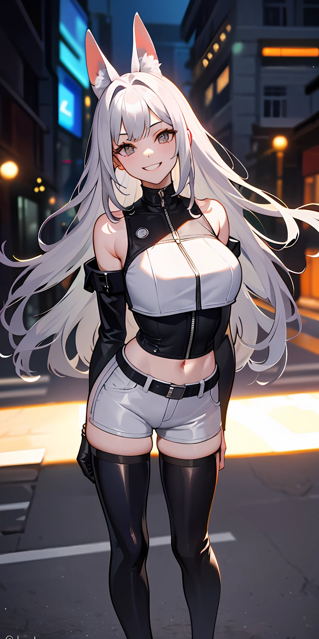 (Masterpiece: 1.6, Best Quality), (Fine and Beautiful Eyes: 1.2), (Overhead), High Quality, Beautiful Face, 1girl, Wide Shot, White Crop Top, Leather Shorts, Oversized Leather Jacket, Open Shoulders, Silver Hair, Big Tits, Long Hair, Wide Hips, (Sideways), Street, Background, Detail Background, Spooky Grin, Angled Laughter at the Corners of Mouth,