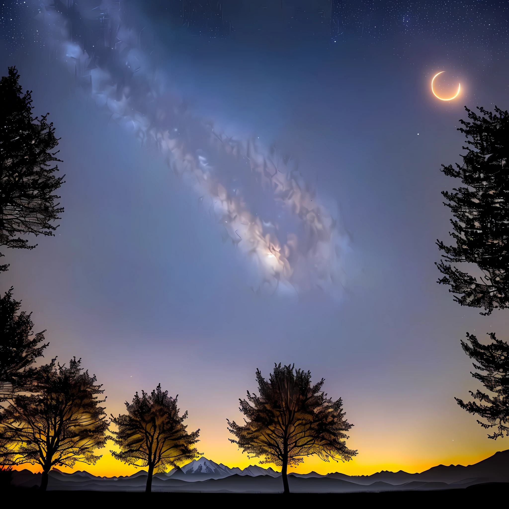 Landscape, night, stars, trees, fireflies, lunar eclipse, mountains