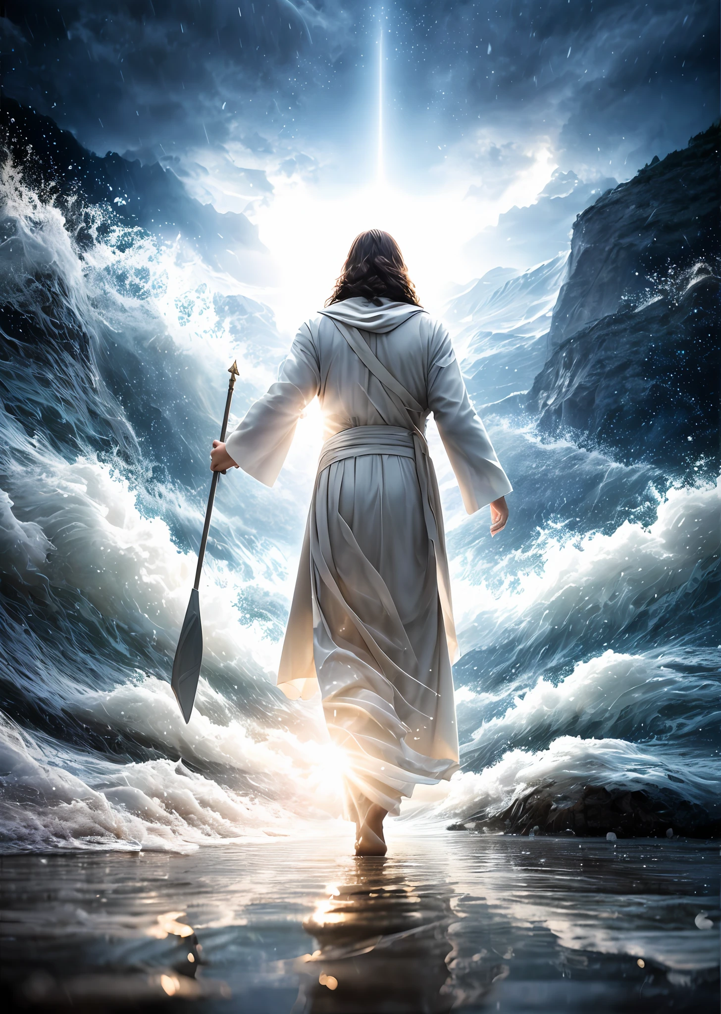 Jesus walking on water in a storm, soft expression,several angels behind, streaks of light descending from the sky, masterpiece, high quality, high quality, highly detailed CG unit 8k wallpaper, award-winning photos, bokeh, depth of field, HDR, bloom, chromatic aberration, realistic, very detailed, trend in artstation, trend in CGsociety, complex, high detail, dramatic, art in the middle of the journey,  Volumetric lighting