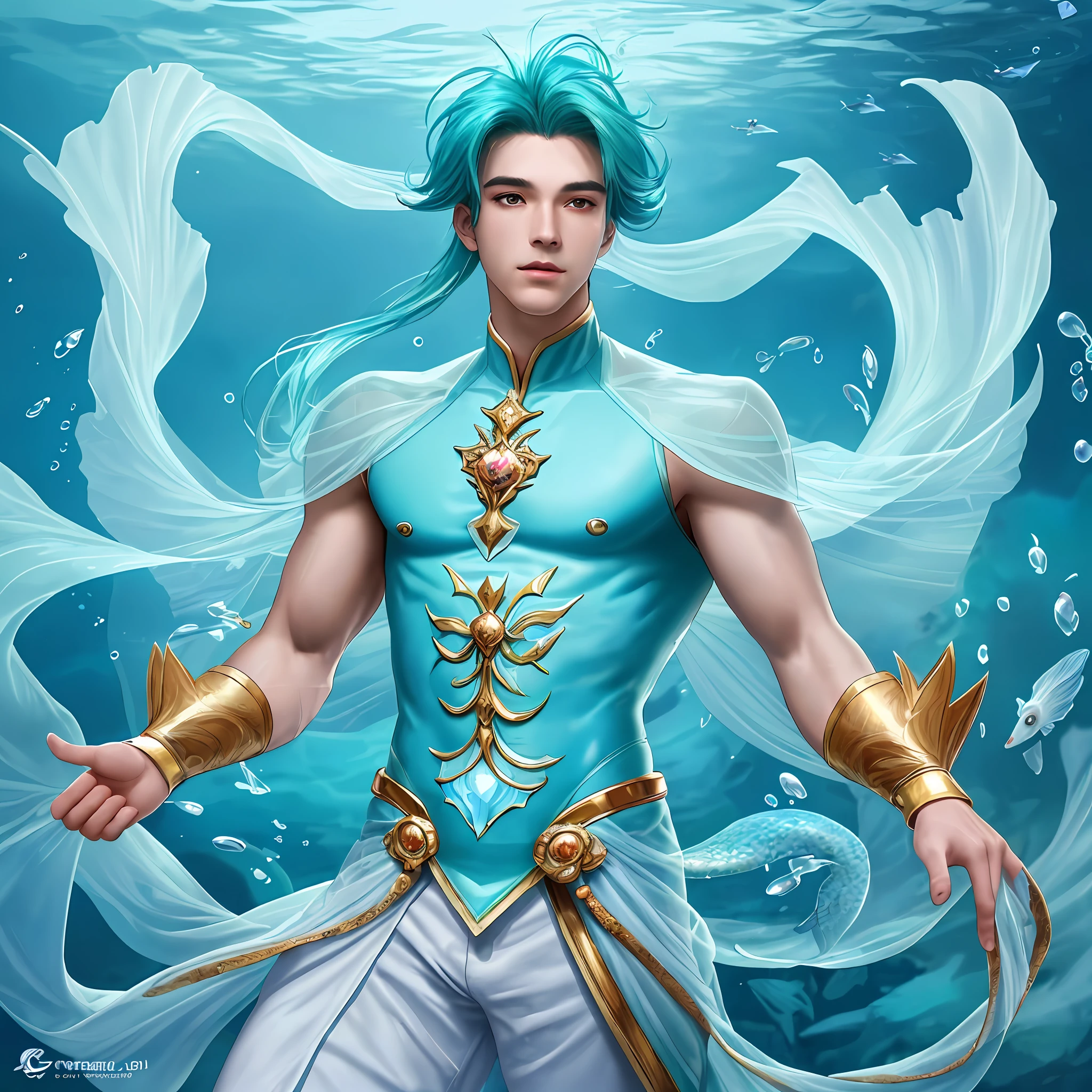 (Young Man Prince) in costume admires a beautiful aquarium (mermaid man), swims (stares intently). Light blue-green water shimmer (long hair: 1.3) with rainbow scales and a strong tail (well-defined muscles) shine in the water (charming and fascinating). face expression, carefully and attentively fish and coral (shining and translucent), bubbles (shining and translucent), Cute Face, Eyes, Scales, Fluorescent, Gorgeous as No Reality,Best Quality, Masterpiece, Ultra High Resolution,8K, Masterpiece, NSFW High Quality,Highly Detailed Wallpaper ,Detailed and exquisite facial expression, Gentle expression,{{{{Men Beautiful Face}}}, exquisitely detailed eyes, shirtless, bare-chested,