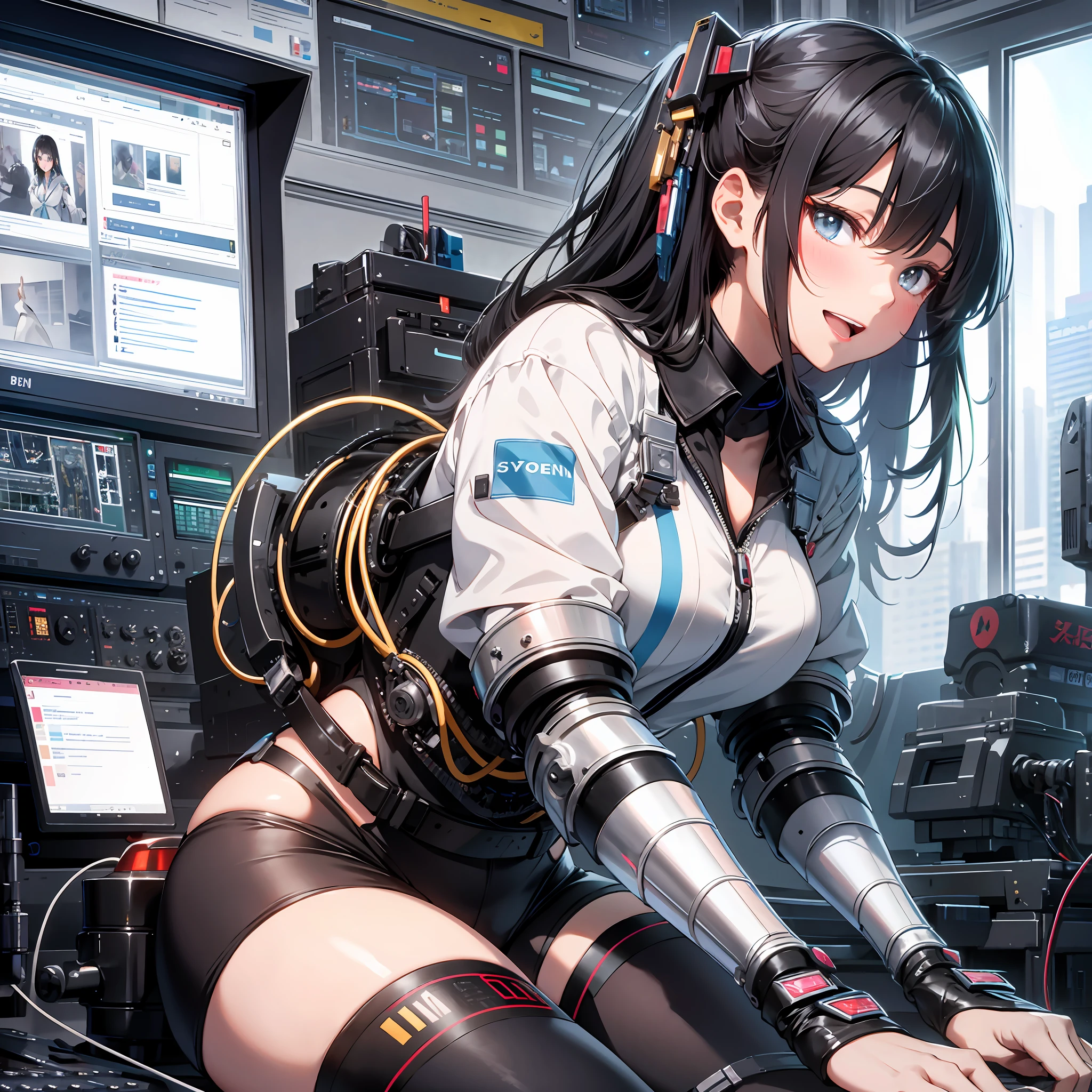 Absurd resolution, high resolution, (masterpiece: 1.4), hyper-detail, black-haired young woman dressed as a technician, blushing and excited expression, sitting in an extremely narrow and closed mecha control room