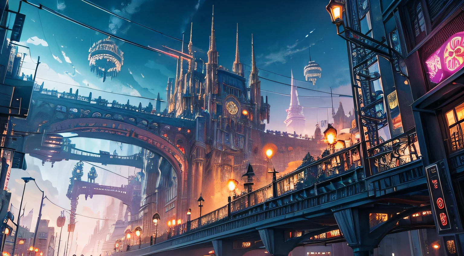 ((Best quality)), ((masterpiece)), (detailed),A vibrant and imaginative {digital painting} depicting a {fantasy cityscape} set in a {steampunk} world. The {city} should be filled with towering {mechanical structures} adorned with gears, pipes, and intricate details. The {streets} should be bustling with {flying airships} and {steam-powered vehicles}. The {color palette} should consist of {rich metallic tones} combined with pops of {bright and vivid colors}. The {art style} should be influenced by the works of {H.R. Giger} and {Hayao Miyazaki}, blending elements of {surrealism} and {cyberpunk}. The {camera} should capture the city from a {high angle} to showcase its sprawling complexity.

Art Inspirations: Art Station (steampunk artists), H.R. Giger, Hayao Miyazaki
Render Style: Surrealism, cyberpunk, vivid colors
Camera Shot: High angle
Camera Lens: Fish-eye lens
View: Overhead