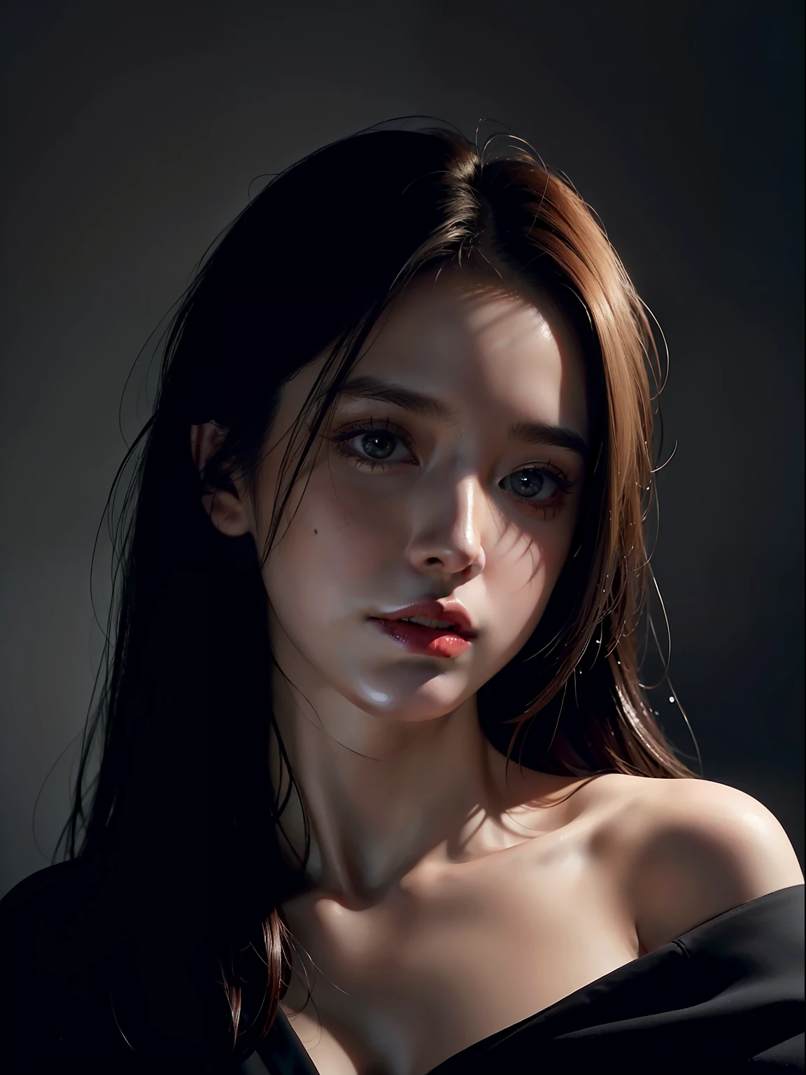 Best quality, masterpiece, ultra high res, (photorealistic:1.4), raw photo, 1girl, offshoulder, in the dark, deep shadow, low key, cold light