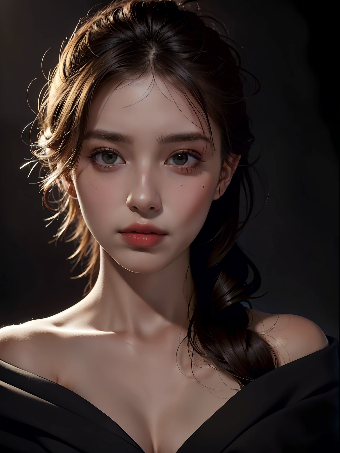 Best quality, masterpiece, ultra high res, (photorealistic:1.4), raw photo, 1girl, offshoulder, in the dark, deep shadow, low key, cold light