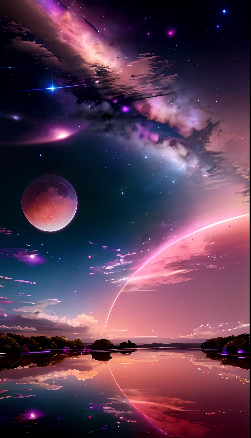 arafed image of a pink sky with stars and a pink moon, magnificent background, colorful night sky, beautiful wallpaper, beautiful night sky, amazing background, amazing wallpaper, galaxy sky, amazing sky, colorful skies, cosmic skies, cosmic sky, very beautiful photo, colorful sky, during a meteor storm, stunning sky, magical colors and atmosphere