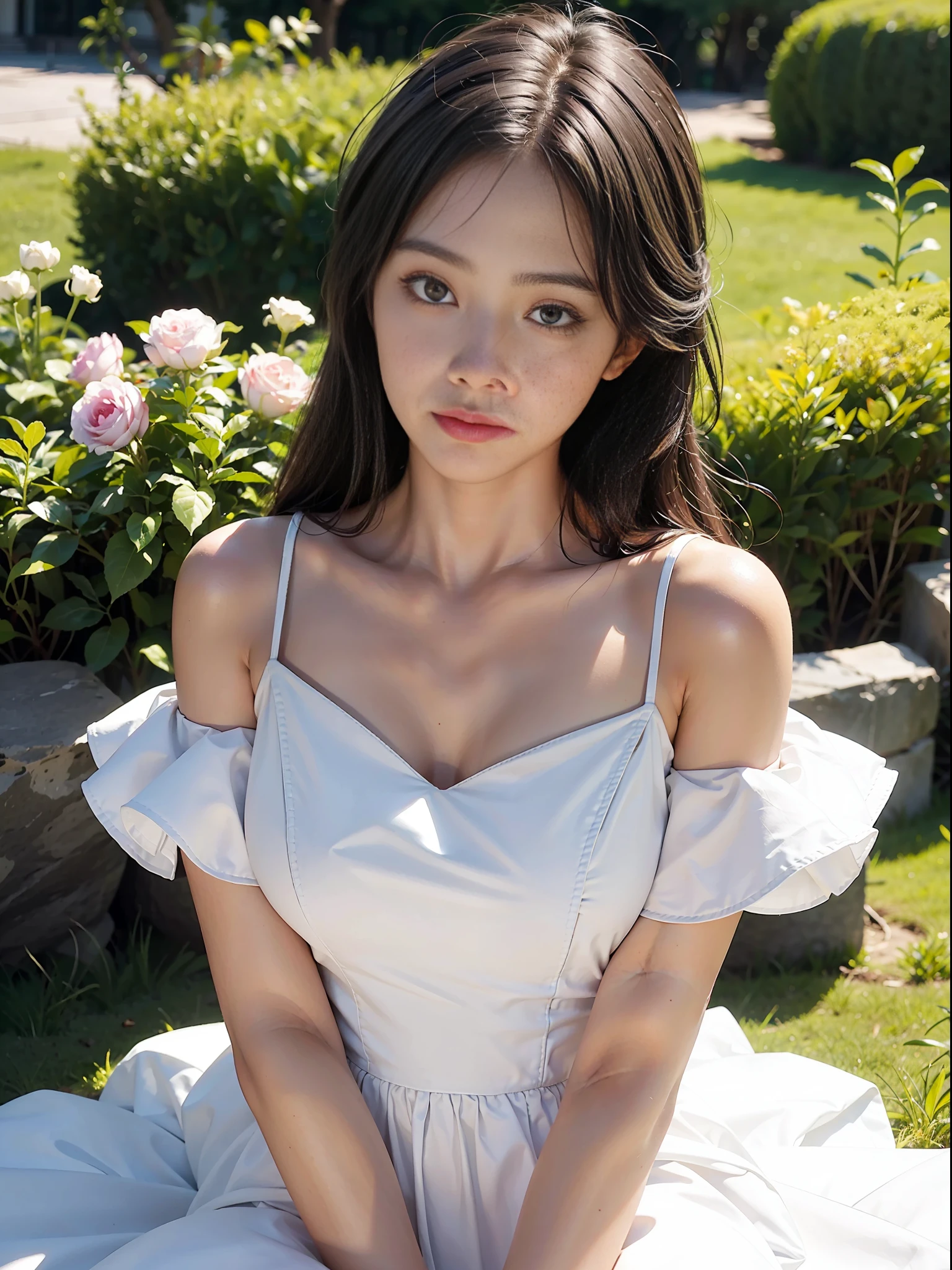 1 girl, heavy shoulders, faint smile, shiny skin
Best quality, masterpiece, (realistic: 1.4), in the garden, white dress