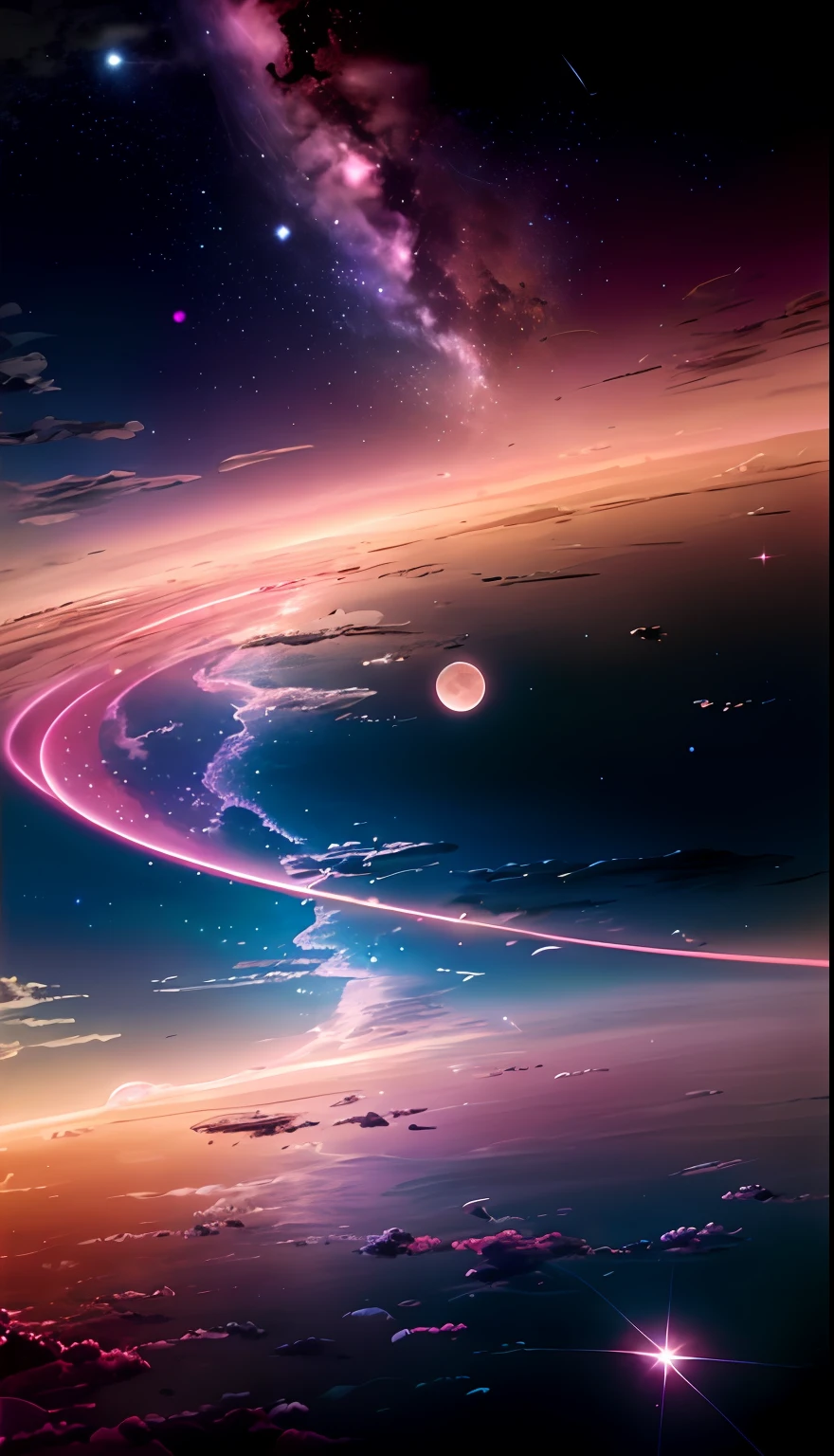arafed image of a pink sky with stars and a pink moon, magnificent background, colorful night sky, beautiful wallpaper, beautiful night sky, amazing background, amazing wallpaper, galaxy sky, amazing sky, colorful skies, cosmic skies, cosmic sky, very beautiful photo, colorful sky, during a meteor storm, stunning sky, magical colors and atmosphere