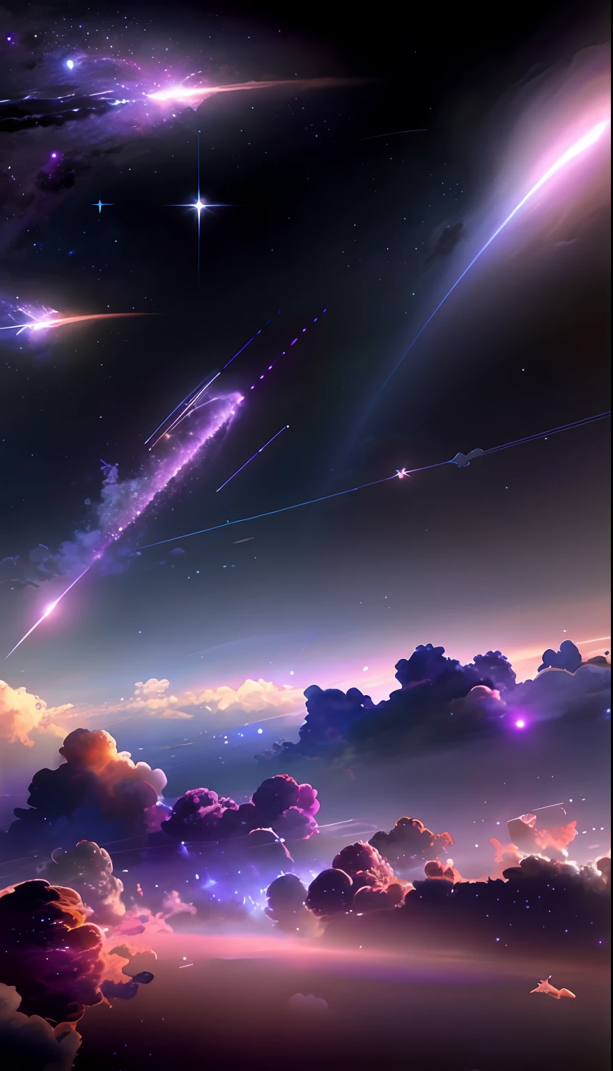 a purple sky with a few stars and a few clouds, during a meteor storm, perseides meteor shower, meteor shower, meteors falling, meteors are falling from the sky, missiles explosions in the sky, meteors, amazing wallpaper, artem demura beeple, galaxy in the sky, cosmic skies, background artwork, magnificent background