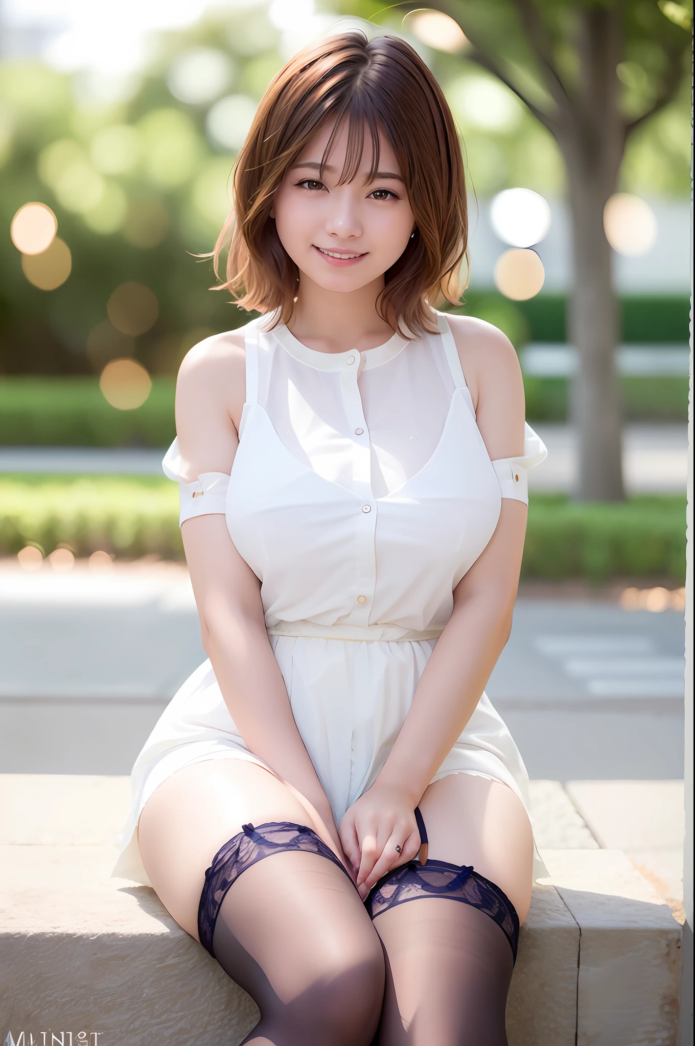 Realistic, Best Quality, Photorealistic, Masterpiece, 8K, High Definition, Solo,1 Female, 25 Years Old, (Female)))), Solo, Very Detailed Face, (Skin Spots:1.2), (Skin Dentation), Black Eyes, (View Viewer:1)), (Look at the Camera), (Portrait: 0.6), Cowboy Shot, Gorgeous, Spread Legs and Keep Original Facial Proportions, Wide Shoulders, whole body, (large breasts: 2.5), plump body, chest that seems to burst, breasts that are about to spill out of bra, (short hair), brown hair, floating hair, braided hair, lips, lipstick, eyelashes, moles, (moles under the eyes: 1), seductive smile, open_mouth, teeth, fashionable and trendy atmosphere, (garter stockings), thighs, (professional lighting, bokeh), (light particles, Lens flare, glowing particles: 0.6), (dynamic pose: 1.2), Soft lighting, Japan, School grounds, (daytime), sky,