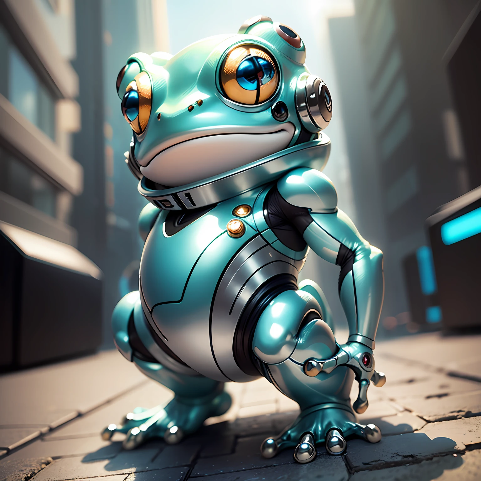 Cute frog made of metal, (Cyborg: 1.1), HDR (Complex Detail, Super Detail: 1.2), Cinematic Shot, Vignette, Drawn in the middle of the screen, Tiffany Blue and Silver and White body, no background, Sticker --auto --s2