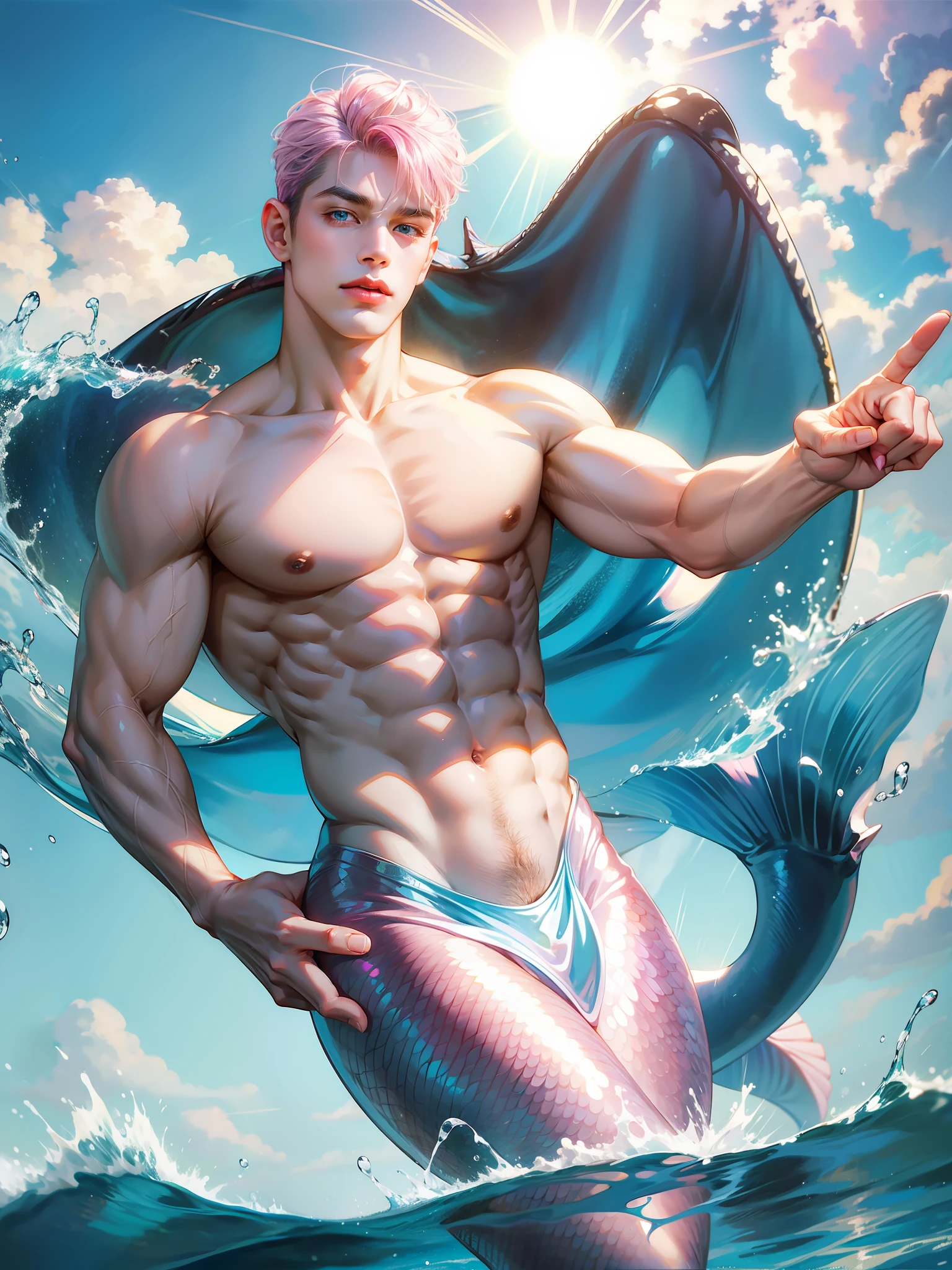 Mermaid Man1 Man,Man,Perfect Face,Perfect Muscle Body,Lean ,White Background, Blue Energy Magic, Blue Fluorescent Eyes, Pink White Skin, Dynamic Posture, Create Fit, Gorgeous Perfect Face, In Style of Realistic Display and Hyper Detail, ZBrush, Too realistic oil, curved shading, ocean waters with dolphins swimming nearby, glittering reflections from sunlight hitting the surface,8k,masterpiece,mermaid tail,bare-chested