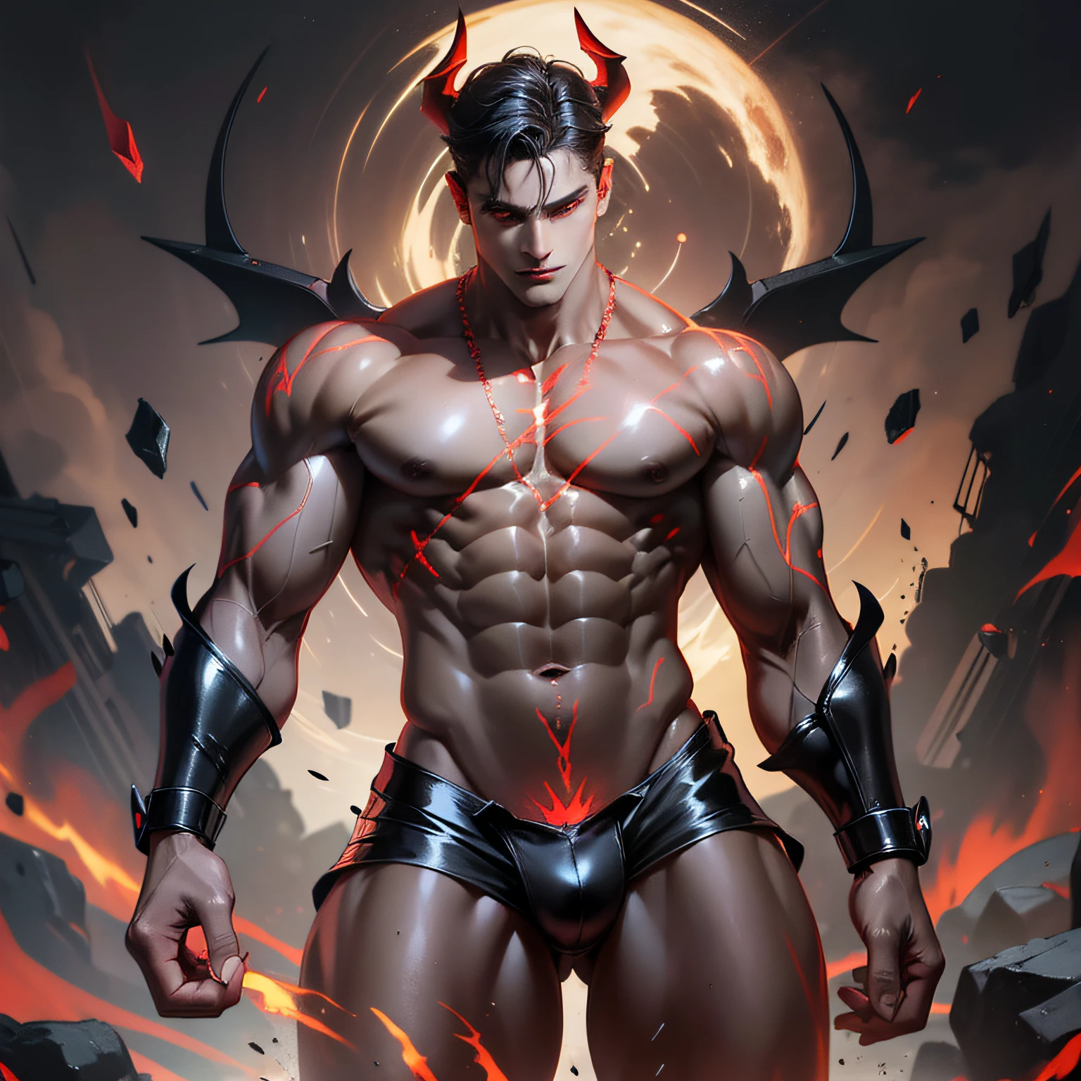 male devil, perfect looking, perfect muscle body, black background, red energy magic, red glowing eyes, black skin, dynamic posture, create a perfect fit, gorgeous perfect face, in the form of realistic display and hyper detail, zbrush, Too much realistic oil, curved shading, dark scene, darkness,8k,masterpiece