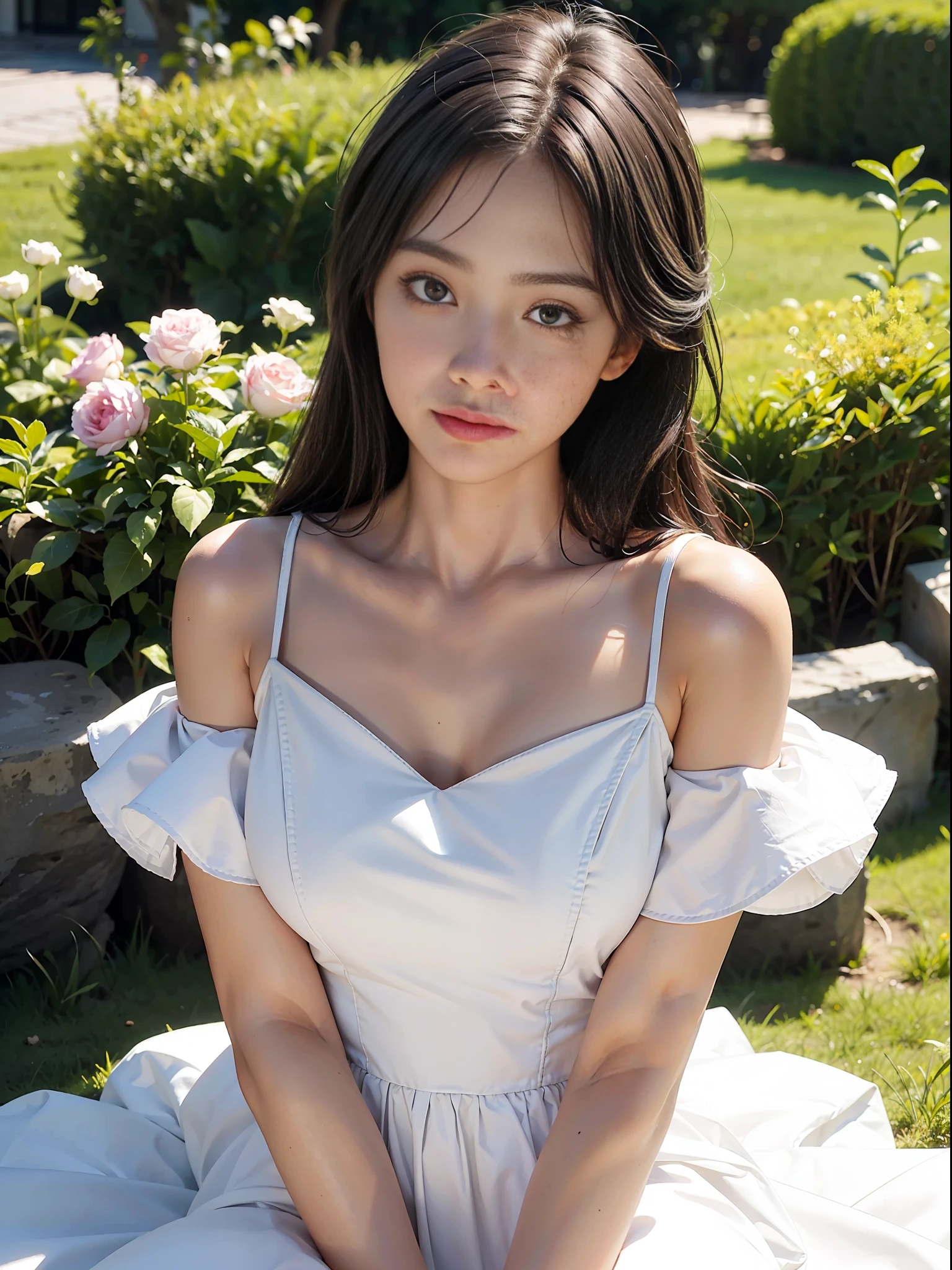 1 girl, heavy shoulders, faint smile, shiny skin
Best quality, masterpiece, (realistic: 1.4), in the garden, white dress