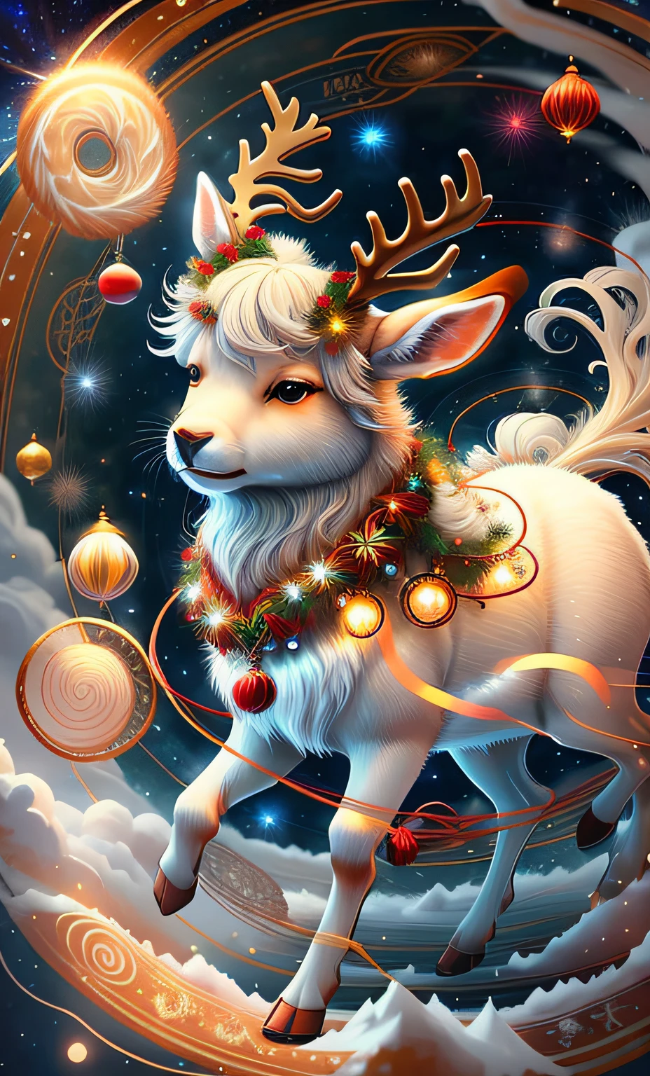 (a painting of a reindeer in the middle of a swirling circle: 1.4), (reindeer: 1.4) spinning magical energy, guiding spinning energy, gently rotating magic energy, cosmic energy lines, rotating energy flow, vortex energy, beautiful cosmic neural network, in the starlight plane))), rotating natural magic, emanating and flowing energy, vortex energy