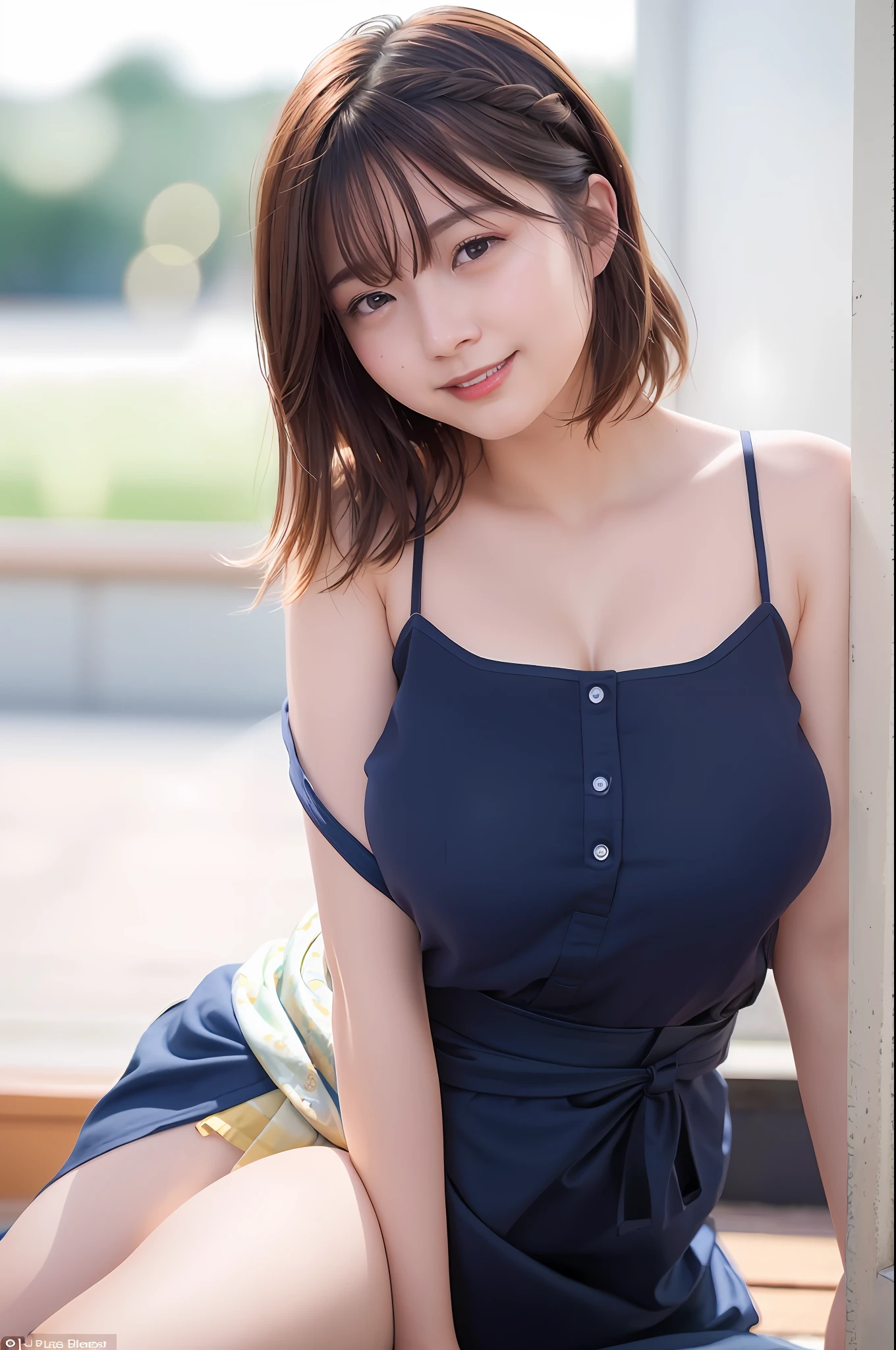 Realistic, Best Quality, Photorealism, Masterpiece, 8K, High Definition, Solo,1 Female, 25 Years Old, (Female)))), Solo, Very Detailed Face, (Skin Stains:1.2), (Skin Dentation), Black Eyes, (View Viewer:1)), (Look at the Camera), (Portrait: 0.6), Cowboy Shot, Gorgeous, (Legs wide spread), Keep original face proportions (Big breasts: 3.5), (plump body), (short hair), brown hair, floating hair, braided hair, lips, lipstick, eyelashes, moles, (moles under the eyes: 1), seductive smile, open_mouth, teeth, fashionable and trendy atmosphere, thighs, (professional lighting, bokeh), (light particles, lens flares, glowing particles: 0.6), (dynamic poses: 1.3) , soft lighting, Japan, school grounds, (daytime), sky,
