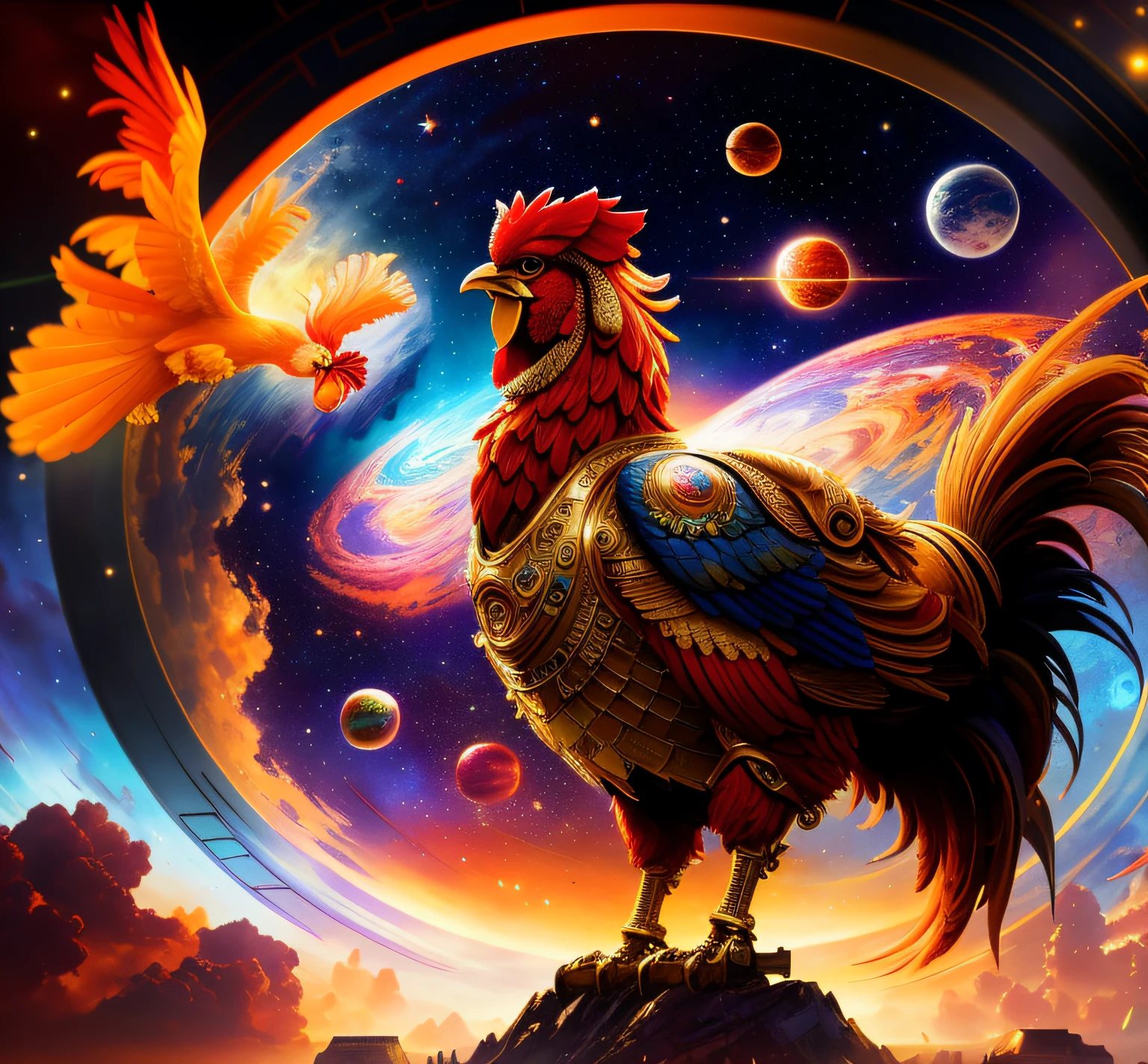 Masterpiece, best quality, intricate details, octane rendering, 8k, huge elegant rooster, galactic rooster, bionics, cyborg, robot, photorealism, impasto impressionism, pino daeni, Leonid Afremov, space, stars, planets, satellites, nebulae,