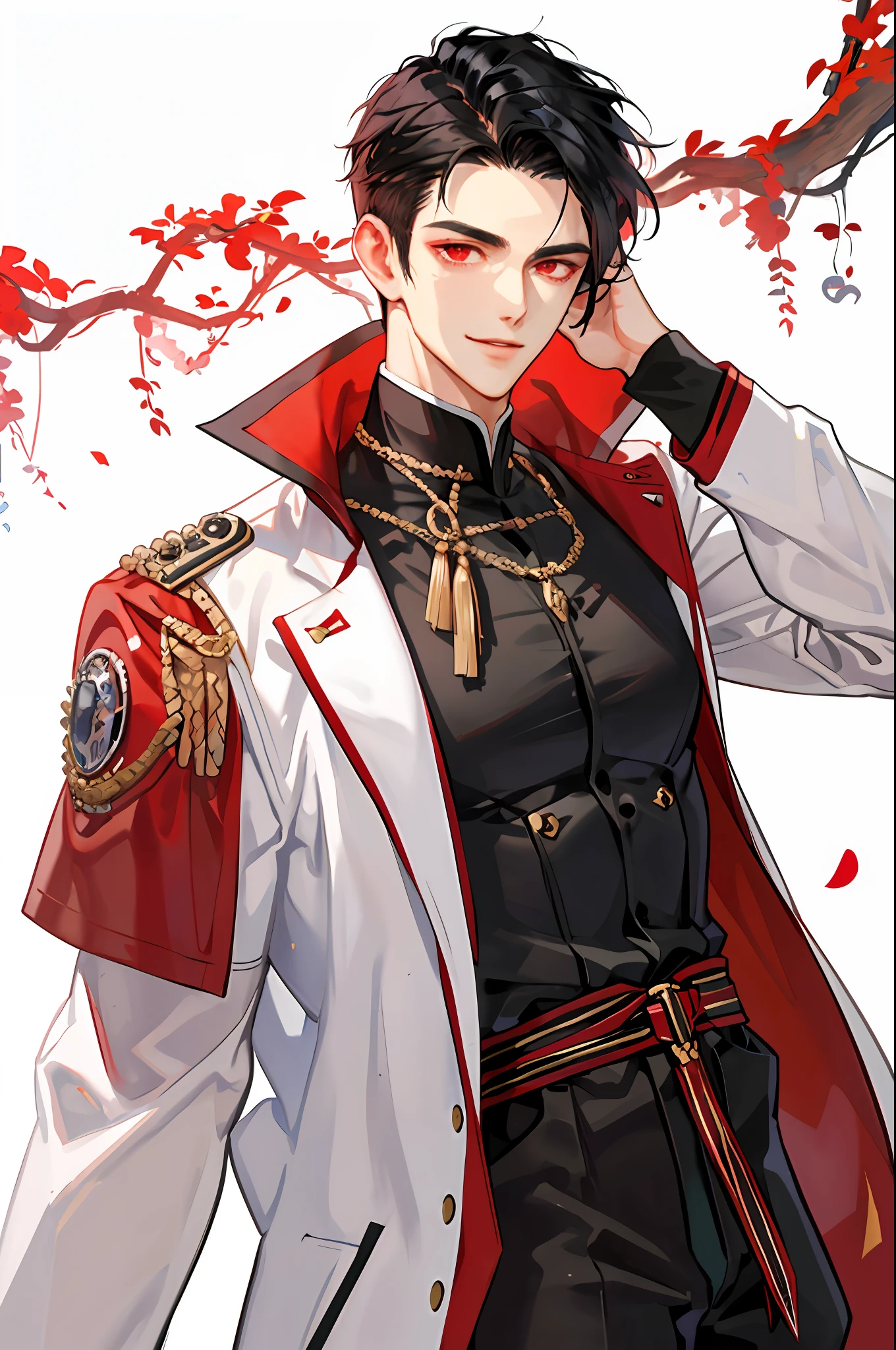 ((masterpiece:1.2, best quality)), 1man, adult, mature, tall muscular guy, very short black hair, undercut, forehead, red eyes, (handsome:1.4), uniform, glowing, Sunlight, extremely detailed face, portrait, smile, white background