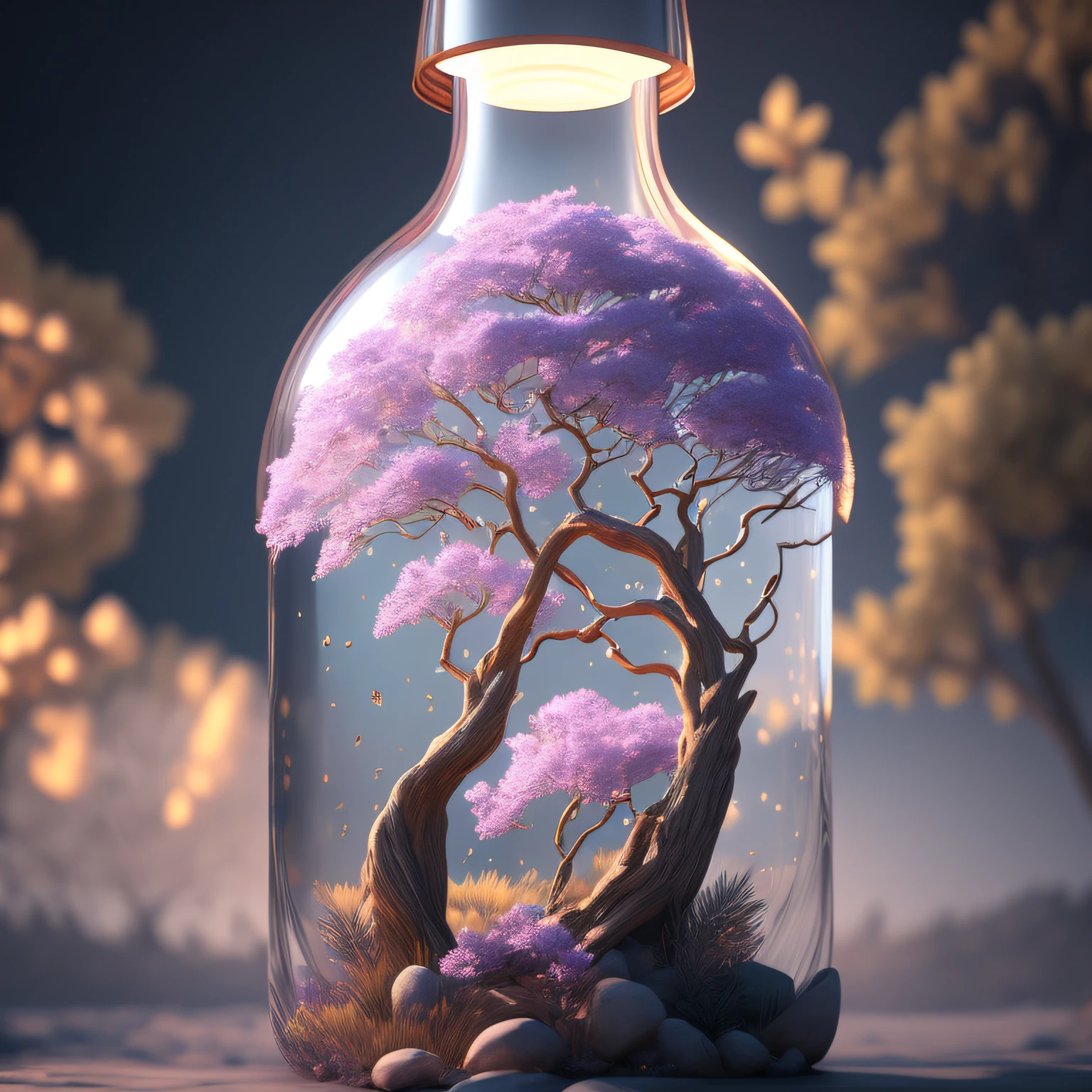 A dreamy art tree in a bottle, fluffy, realistic, photographic, canon, dreamy, artistic, splendid leaves and branches with flowers above its head. Greg Rutkowski's Ultra Detailed Photo Realism - H1024W 804 | F16 Lens Markers 2:2 S 35555 mm Film Particles: 1 Realistic High Resolution Sharp Focus Contrast!! The intricate and detailed atmospheric refractive lighting in Octane, Unreal Engine 5's cinematic concept cinematography masterpiece, presents the trend of CGSociety