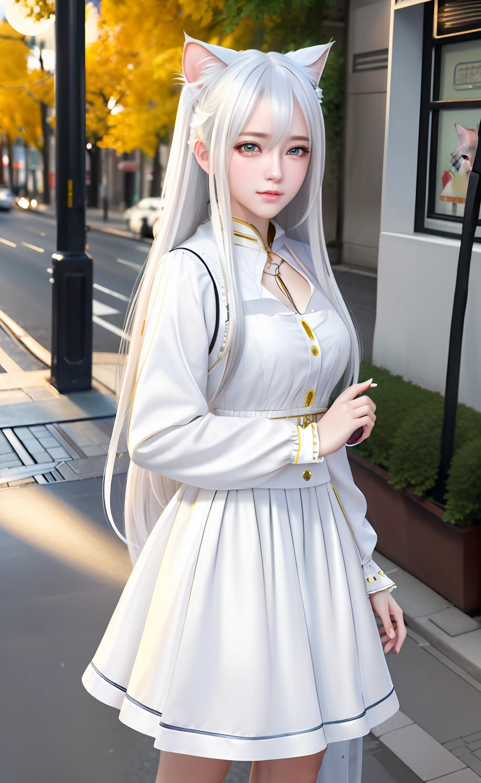 realistic,photorealistic,masterpiece,best quality,1girl,solo,standing in street,looking at viewer,Amazing,beautiful detailed eyes,finely detail,Depth of field,extremely detailed CG,extremely detailed wallpaper,white_hair,cat_ears,long_hair,white_hair/yellow_eyes,.