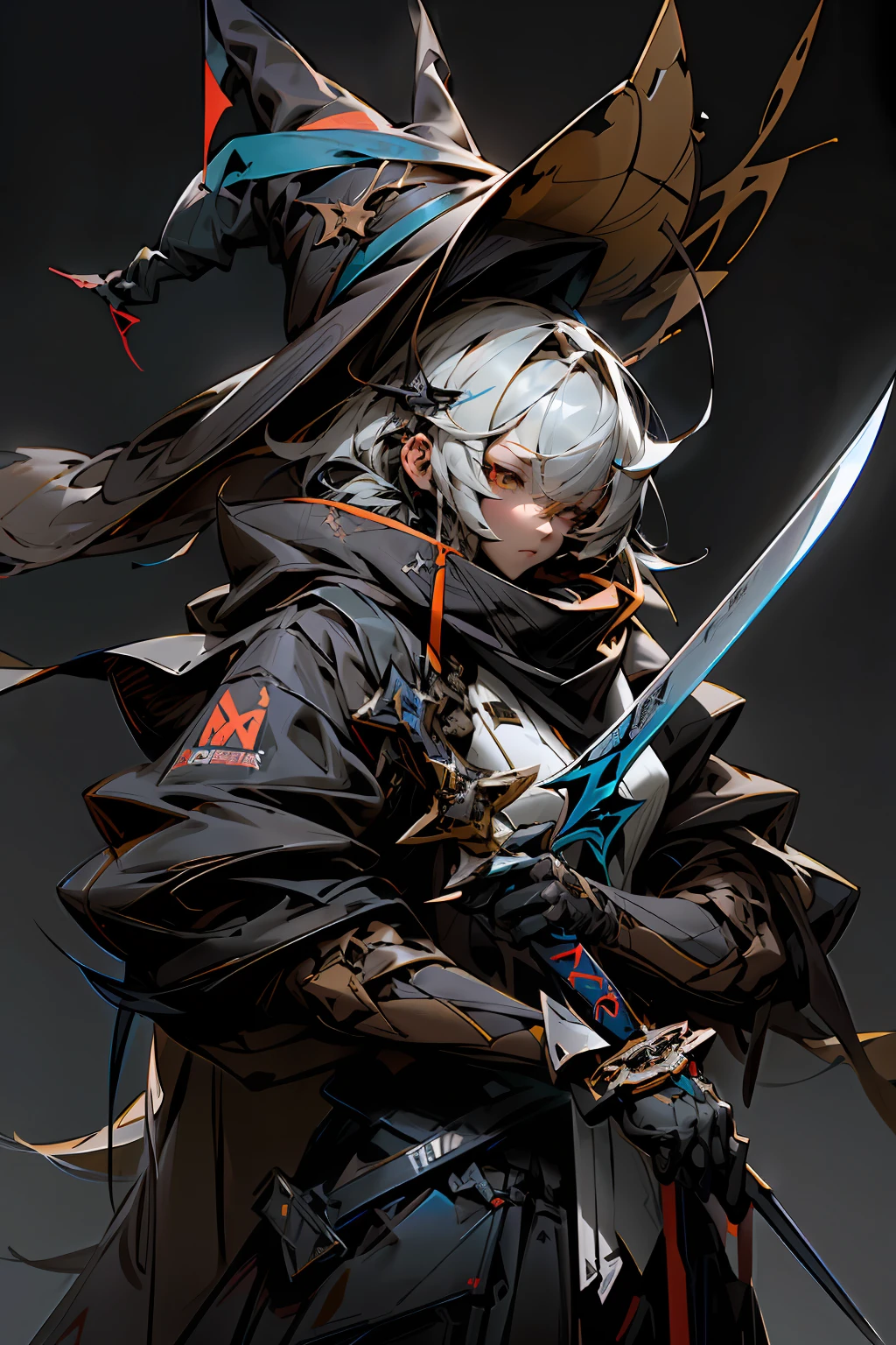 anime character with a sword and a hat on a dark background, by Yang J, mechanized witch girl, high quality digital concept art, from arknights, benedick bana, mohrbacher, trending on artstation pixiv, style of raymond swanland, kawacy, in the art style of mohrbacher, zerochan art, fanart best artstation