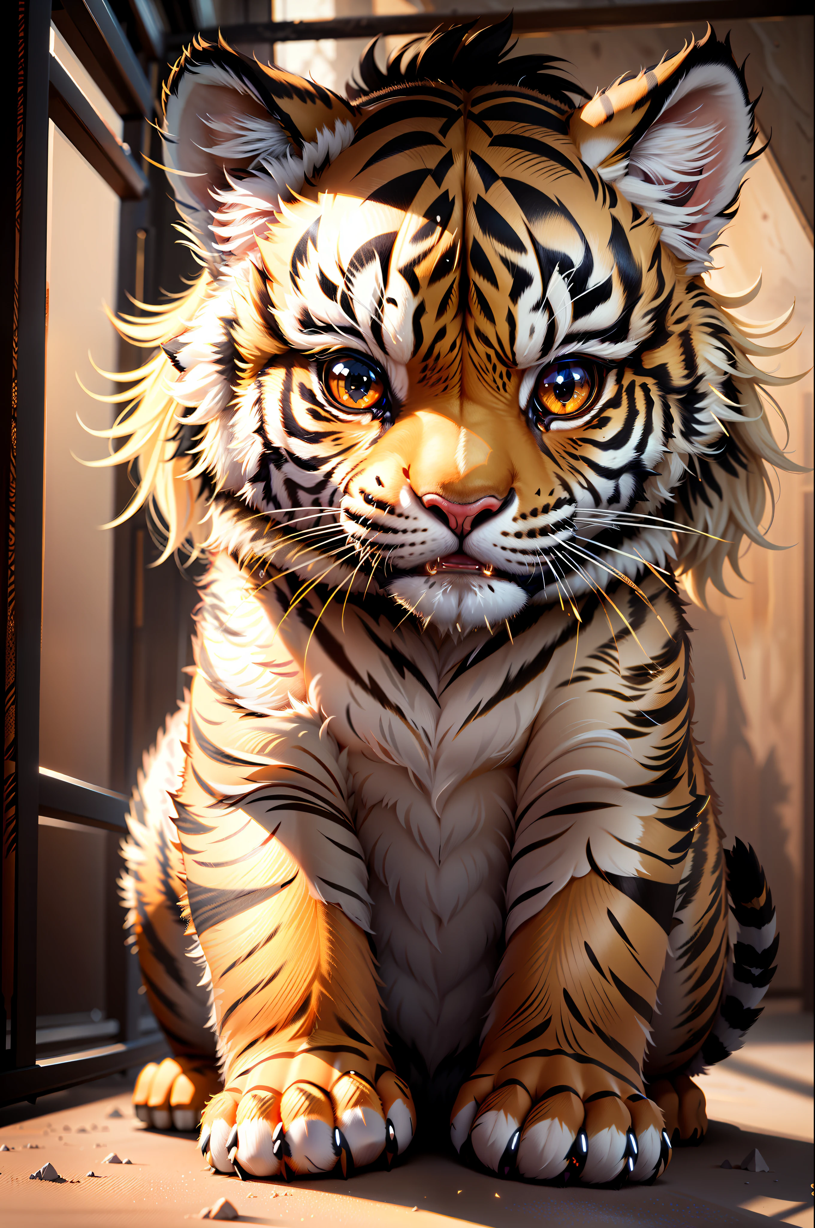 Granular, very detailed, intricate details, dynamic lighting, realism, cinematic, natural lighting, m0nst3rfy3, tiger cub, golden glowing eyes, :P, (fluffy: 1.2),