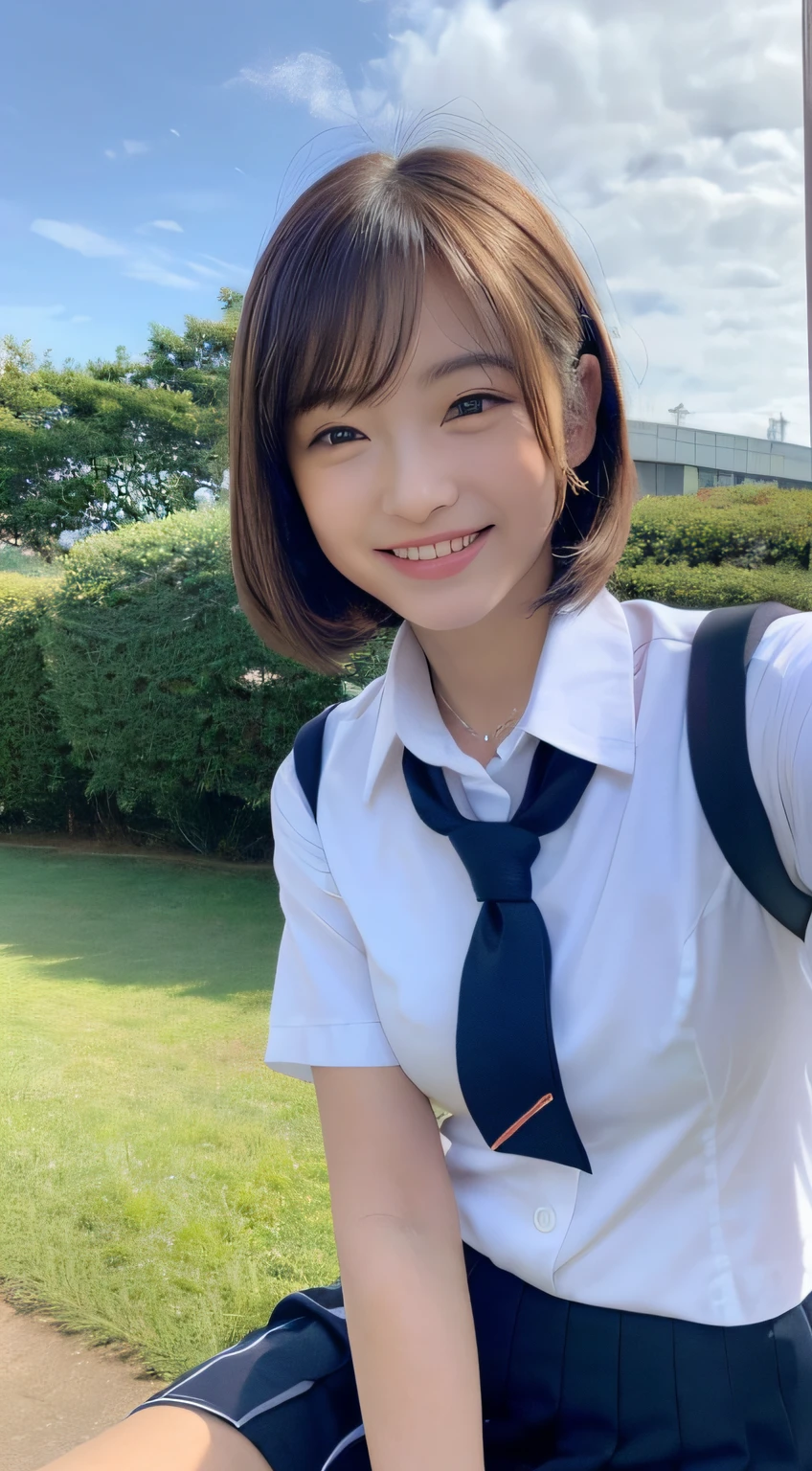 ((Top Quality, 16k, Masterpiece: 1.3)), Beautiful Women with Perfect Figure: 1.4, Slender Abs: 1.2, ((Brown Hair)), ((Beautiful: 1.6)), (((Japan Idol: 0.8)), ((Baby Face: 1.2)), (Pause)), ((Seductive)), ((Sit, Spread Your Legs)), (Sky Blue)), Uniform, Sea, Short Hair, Ruffles, Cute, Short Skirt, Japan schoolgirl uniform, smile, wink, goddess, chilla