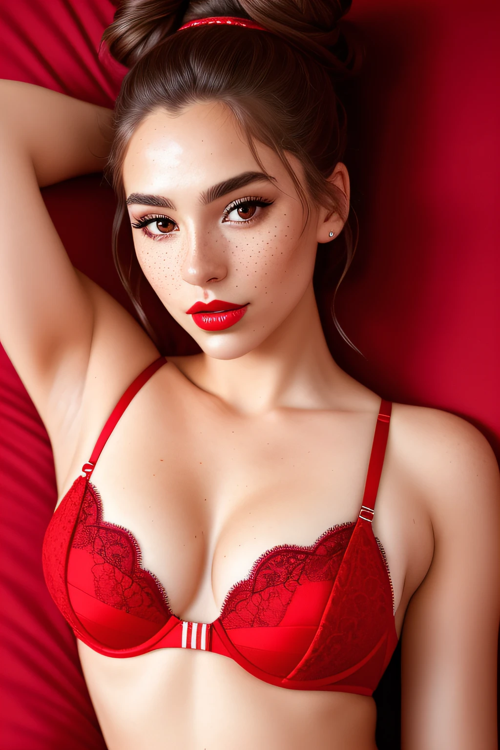 photoshoot of beautiful woman hair , double bun, freckles, moles, skin textures, posing in soft bed, full red lips, (masterpiece) (best quality) (detailed) (8k) (HDR) (wallpaper) (cinematic lighting) (sharp focus) (intricate) beautiful little bra