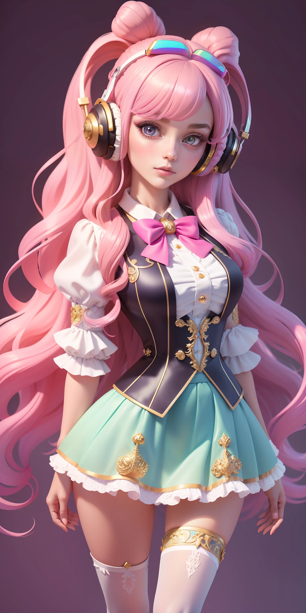 (masterpiece),(best quality),(ultra-detailed), (full body:1.2), 1girl, solo, upper body, long curly hair,song suit, pompadour skirt, slim and beautiful vest, lace shirt, Bubble sleeves, sequin, bow, plaid, rainbow hair, Headphones, Long Hair, standing microphone, (beautiful detailed face), (beautiful detailed eyes),