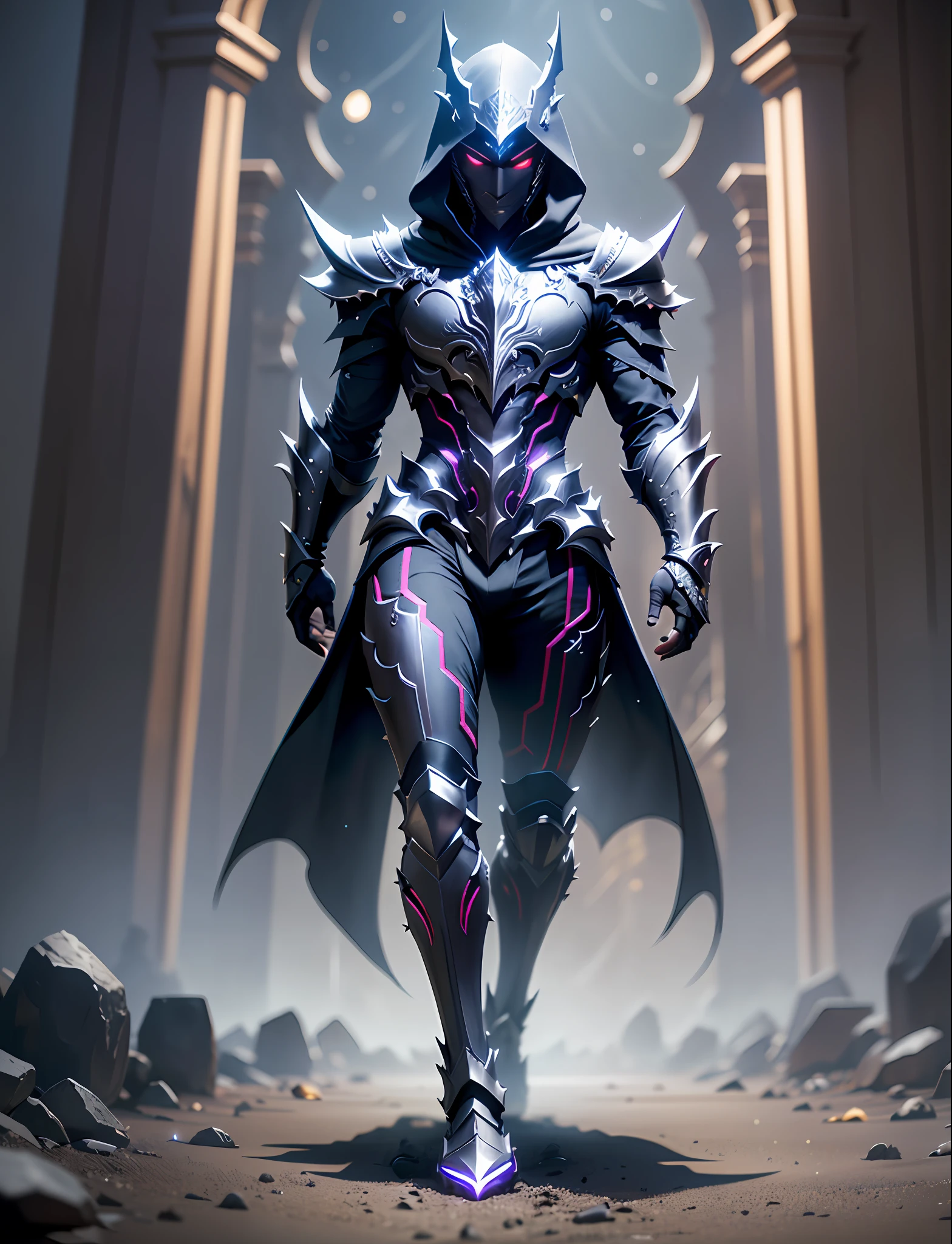 full body hyper realistic black purple hooded sharp ornate saga armor man suite, waring mask, full sharp armor, red neon, night, moon, extra details armor, Many details, front view, (night:2) castle background, full body, full body, all body, front view, wide angle, ultra details, ultra resolution, ultra quality, unreal engine 5, cinematic light, cinematic lighting, cinematic lighting, depth of field, glowing light, head out of frame, out of frame, feet out of frame, super detail, 16k, high quality, award winning, best quality, textured skin, high details, super detail