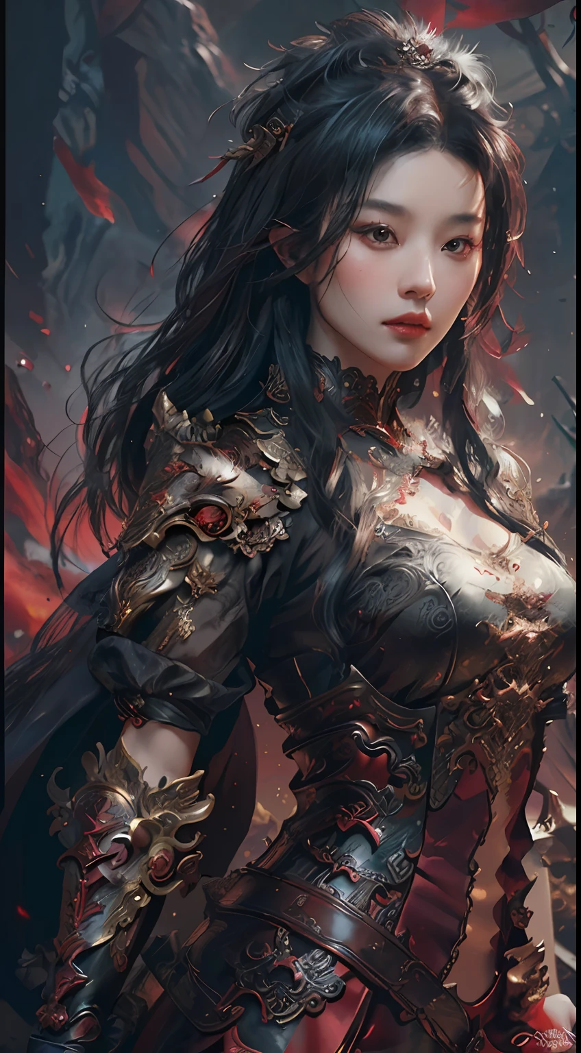 (nsfw), a close-up of a woman in a black and red dress, Pan Chengwei on ArtStation, by Yang J, detailed fantasy art, stunning character art, fan art best art station, epic exquisite character art, beautiful armor, extremely detailed art germ, detailed digital anime art, artgerm on artstation pixiv, armor girl