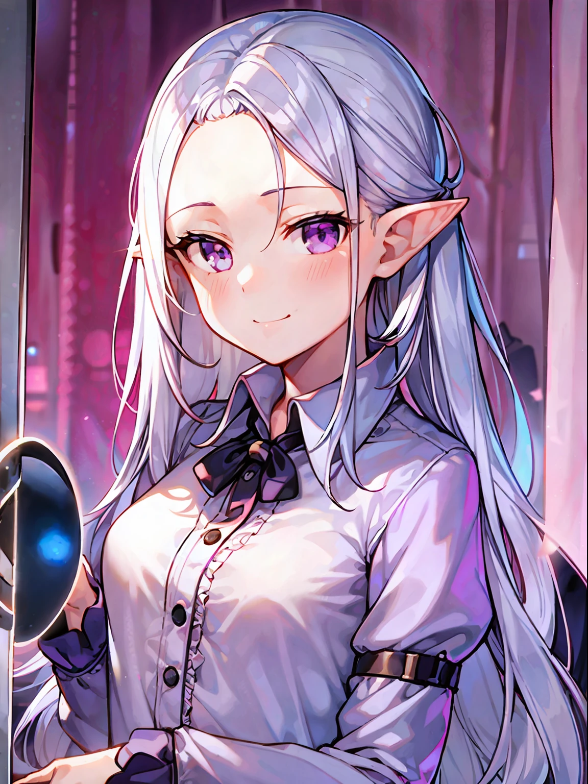 1girl, ((medium-small breasts)), standing, smile, light blush, (thin eyebrows:-1), (curtained hair:1.6), (straight hair:0), white hair, (long hair), purple eyes, ((forehead)), (pointy ears), ((button up shirt)), upper body, (close up:1.1), masterpiece,