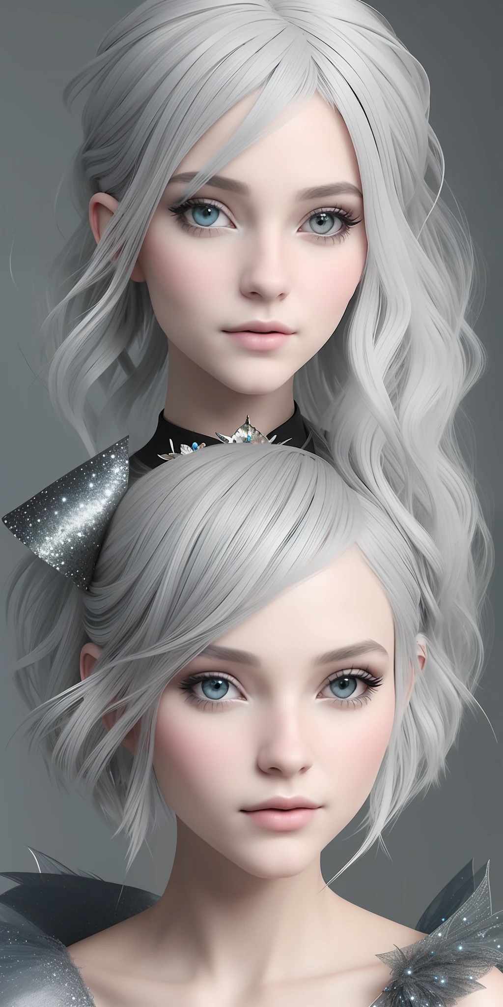 /imagine create the image of a modern fairy, with gray hair and semi realistic styliny